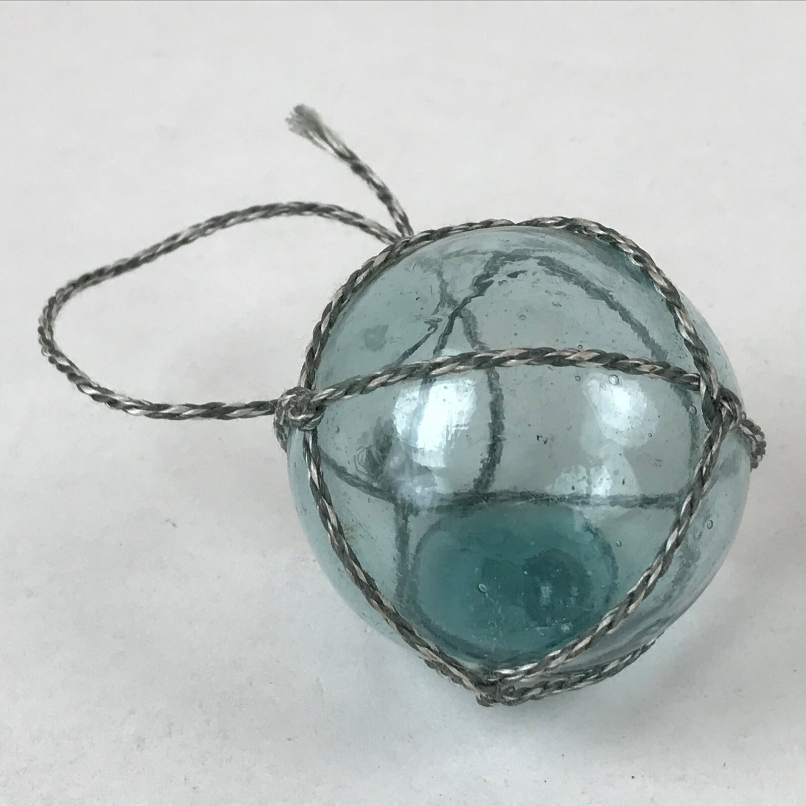 Japanese Glass Fishing Float Ukidama Buoy Ball Vtg Bindama Rope Small Blue GF27