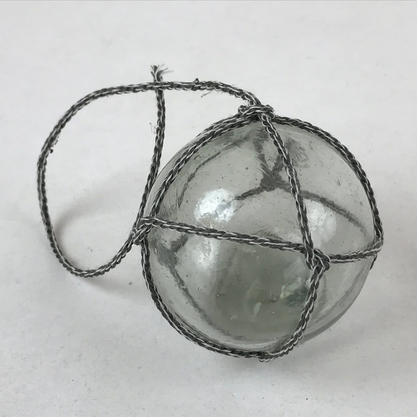 Japanese Glass Fishing Float Ukidama Buoy Ball Vtg Bindama Rope Small Blue GF28