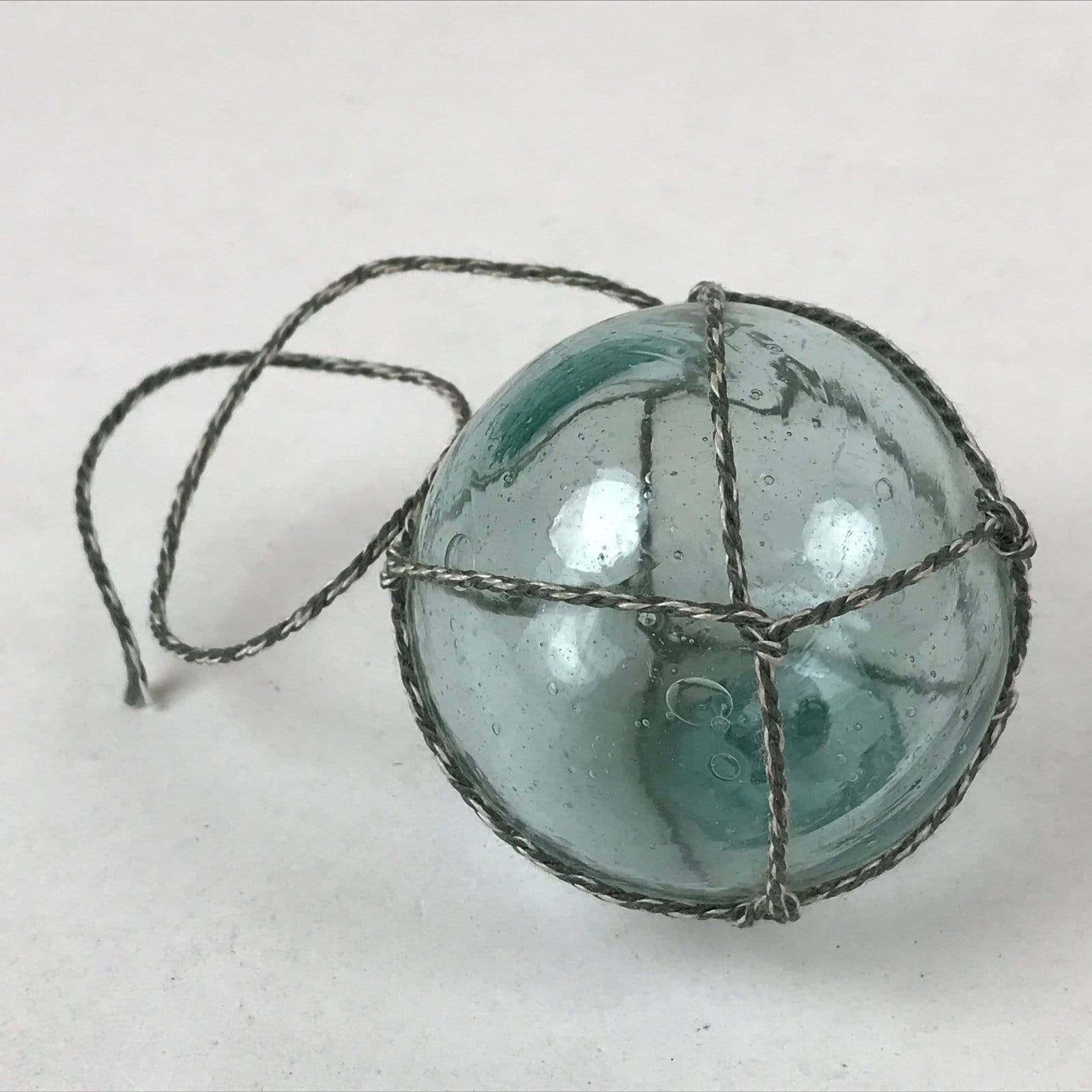 Japanese Glass Fishing Float Ukidama Buoy Ball Vtg Bindama Rope Small Blue GF30