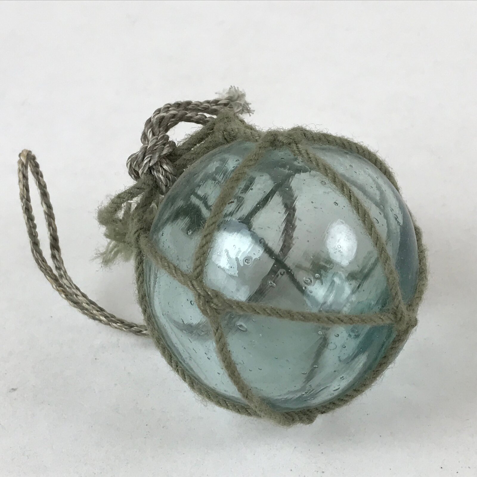 Japanese Glass Fishing Float Ukidama Buoy Ball Vtg Bindama Rope Small Blue GF32