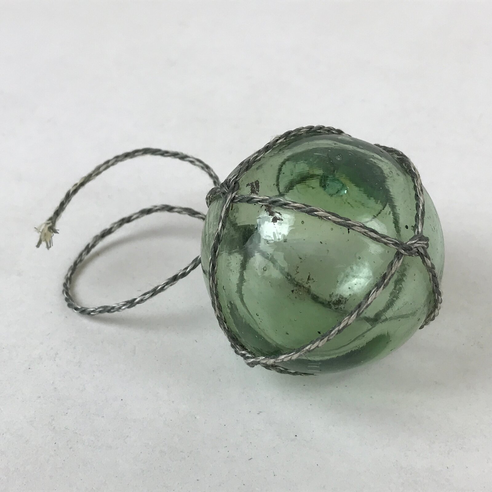 Japanese Glass Fishing Float Ukidama Buoy Ball Vtg Bindama Rope Small Green GF31