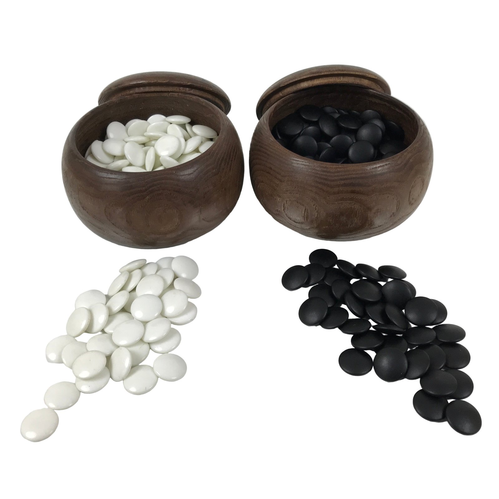 Japanese Go Stone Goishi Game Pieces Set Vtg Igo Brown Wood Bowls Glass GO104