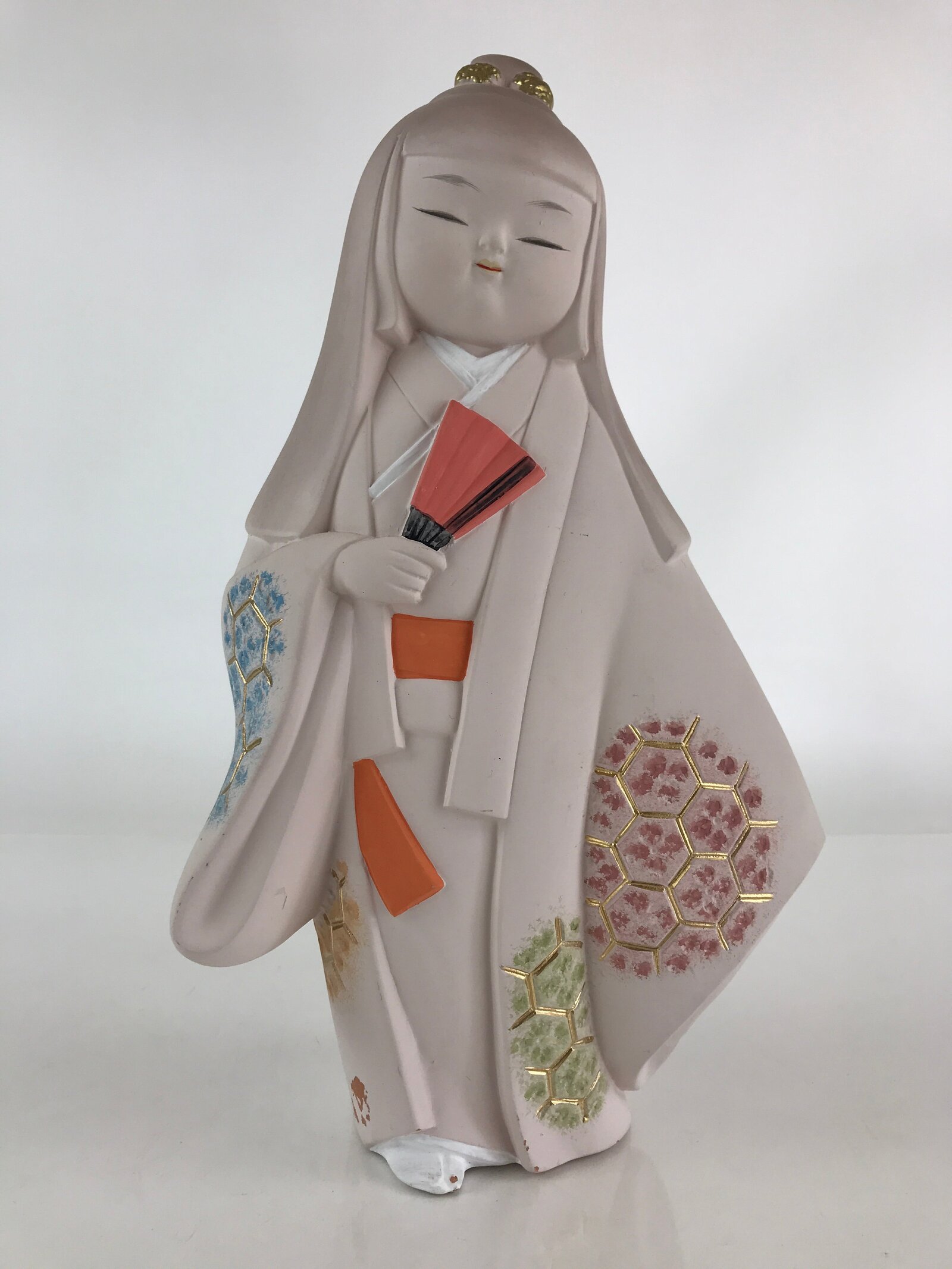 Japanese Hakata-Ningyo Clay Doll Vtg Traditional Handicraft Girl Geisha White BD