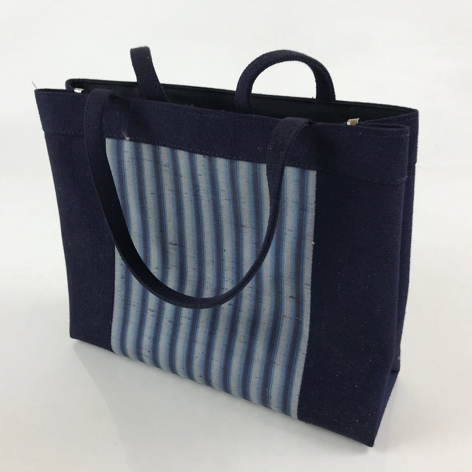 Japanese Handbag Vtg Handle Blue Strips Kimono Fabric Tesage-Bukuro KB61
