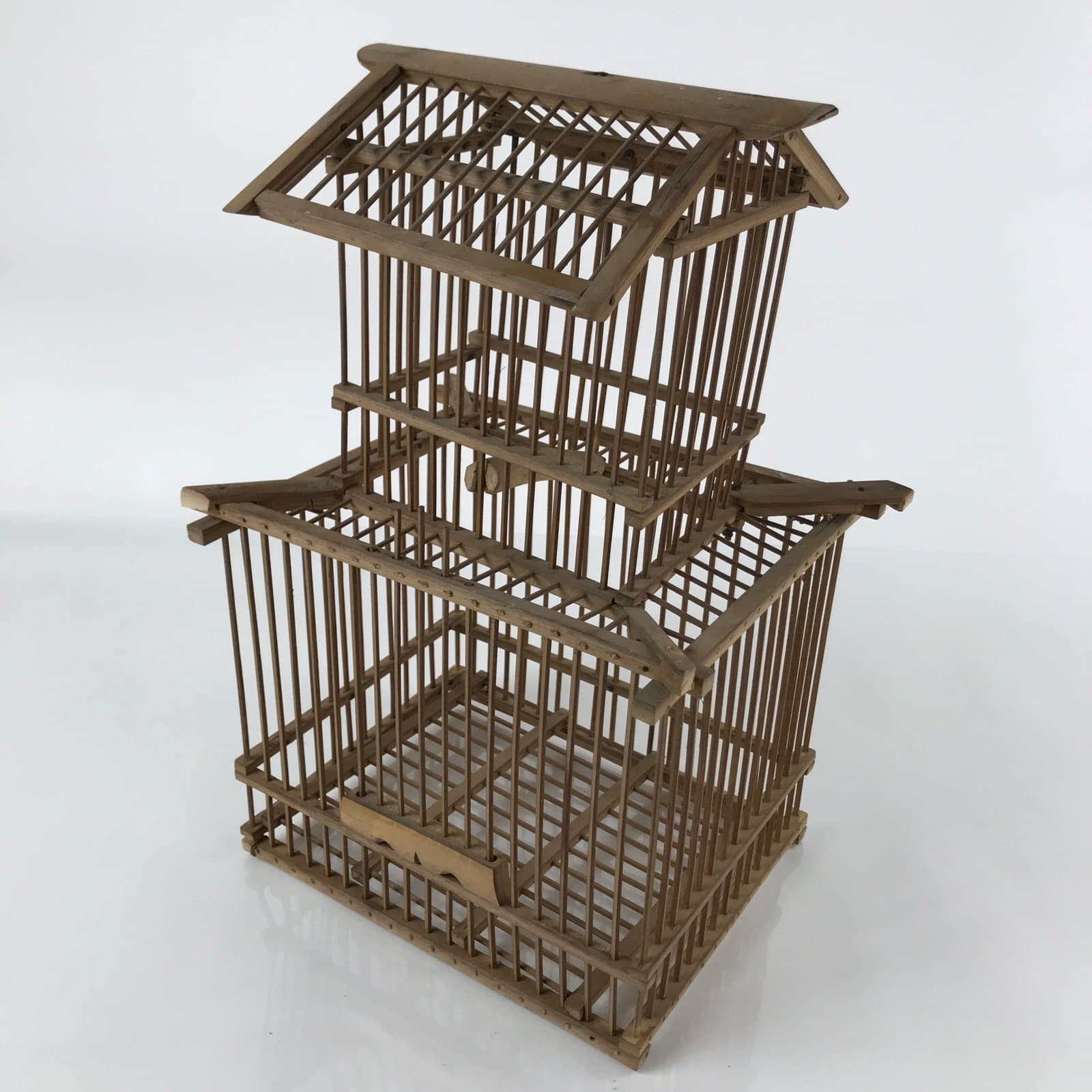 Japanese Handcrafted Bamboo Birdcage Torikago Vtg Two Tier Slide Door Brown B235