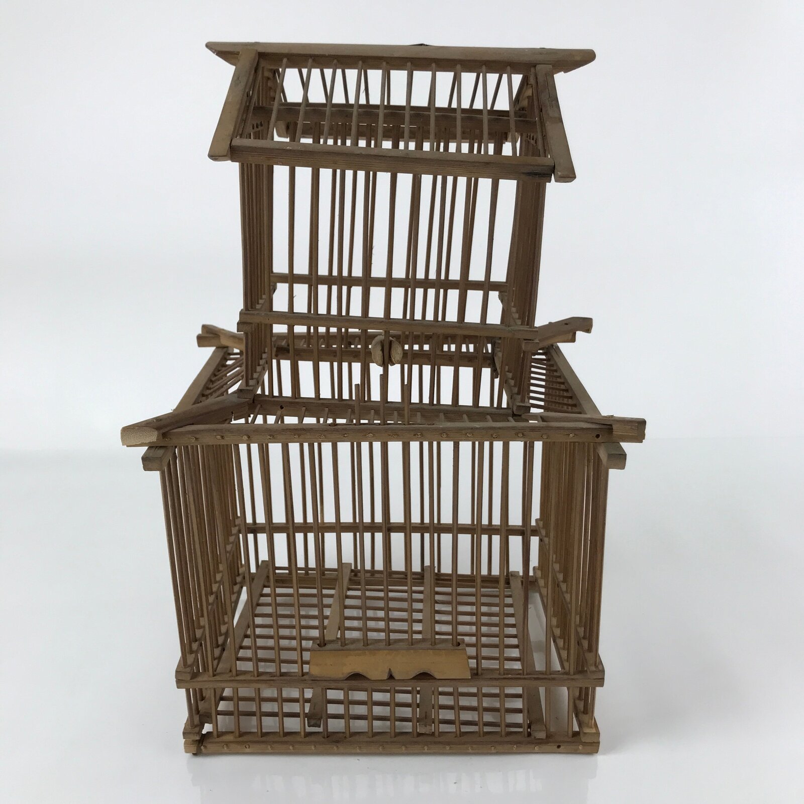 Japanese Handcrafted Bamboo Birdcage Torikago Vtg Two Tier Slide Door Brown B235