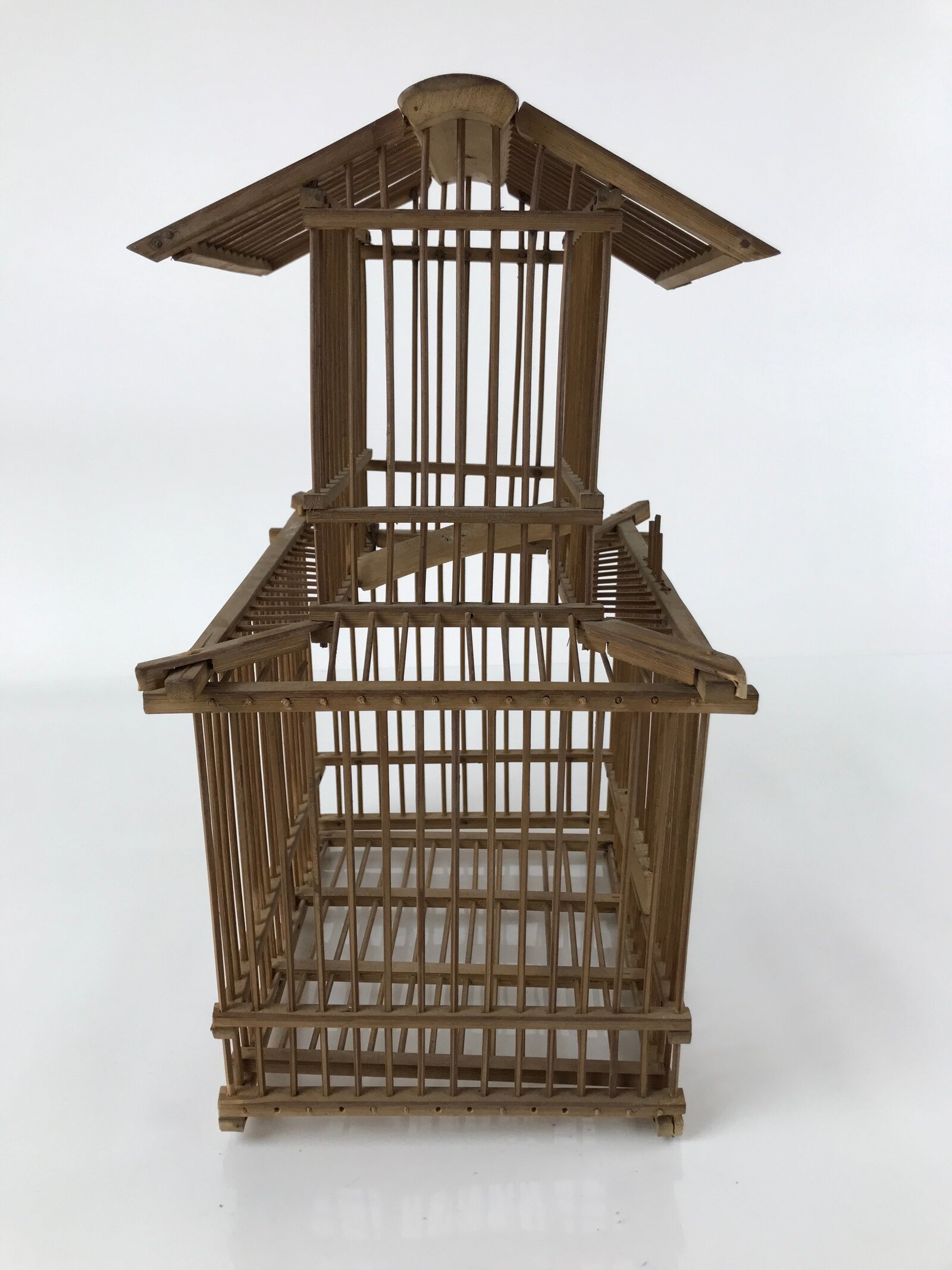 Japanese Handcrafted Bamboo Birdcage Torikago Vtg Two Tier Slide Door Brown B235
