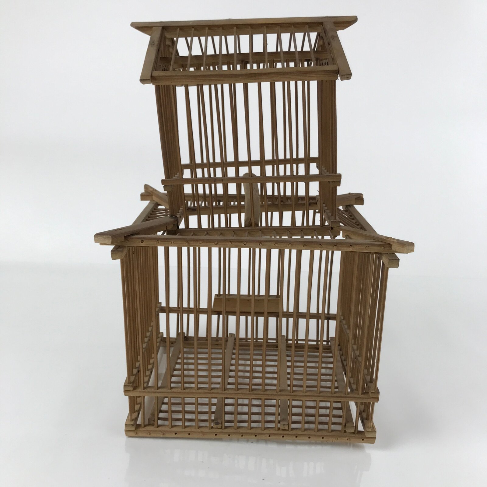 Japanese Handcrafted Bamboo Birdcage Torikago Vtg Two Tier Slide Door Brown B235