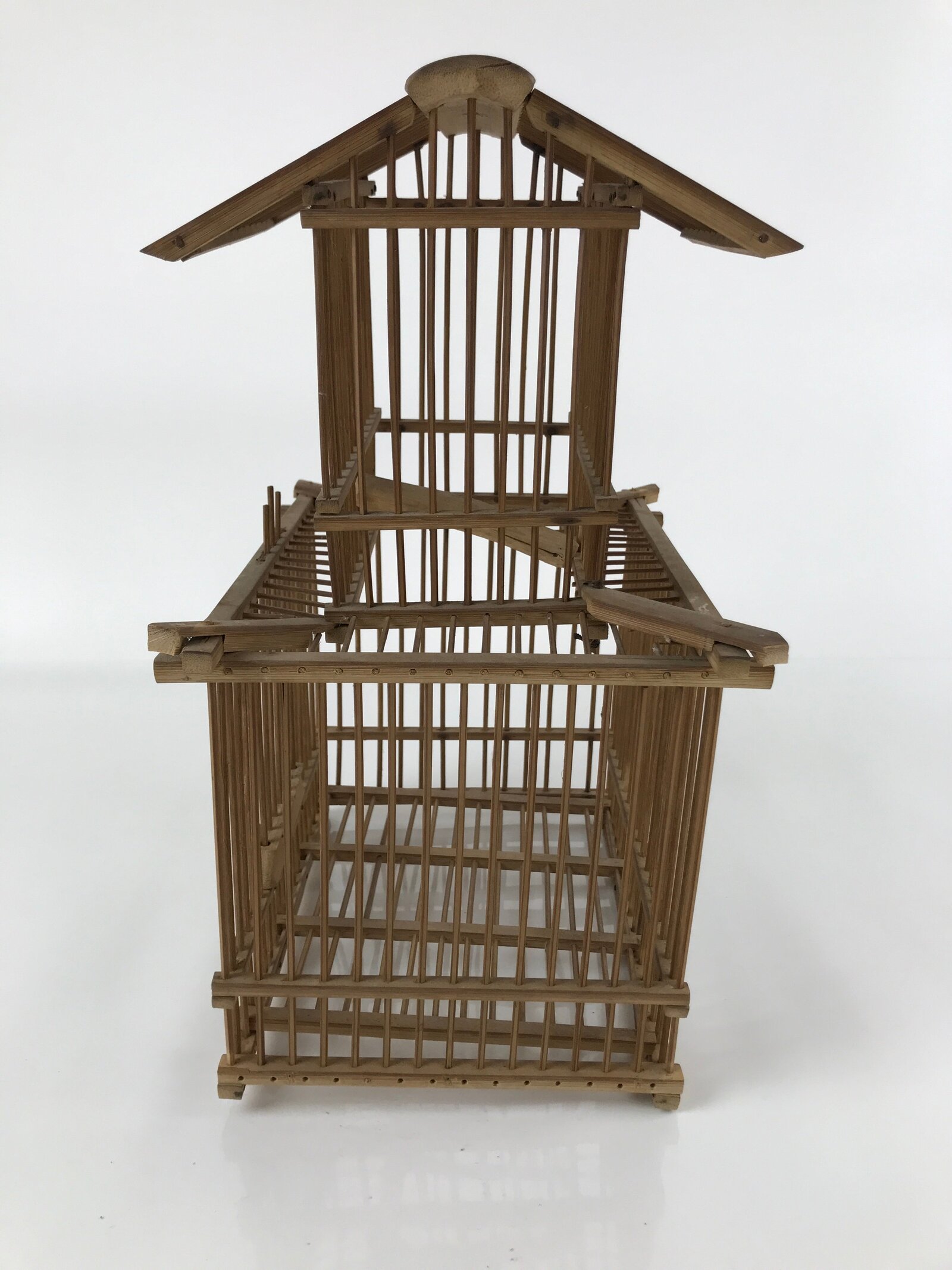Japanese Handcrafted Bamboo Birdcage Torikago Vtg Two Tier Slide Door Brown B235