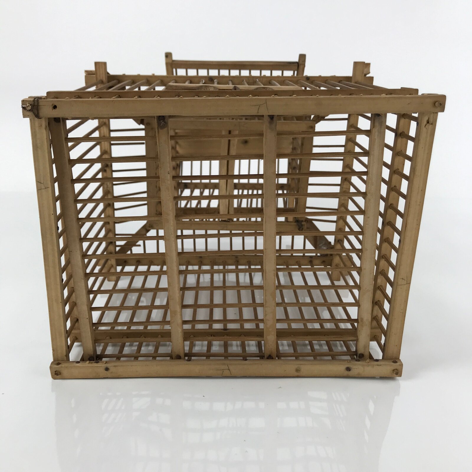 Japanese Handcrafted Bamboo Birdcage Torikago Vtg Two Tier Slide Door Brown B235