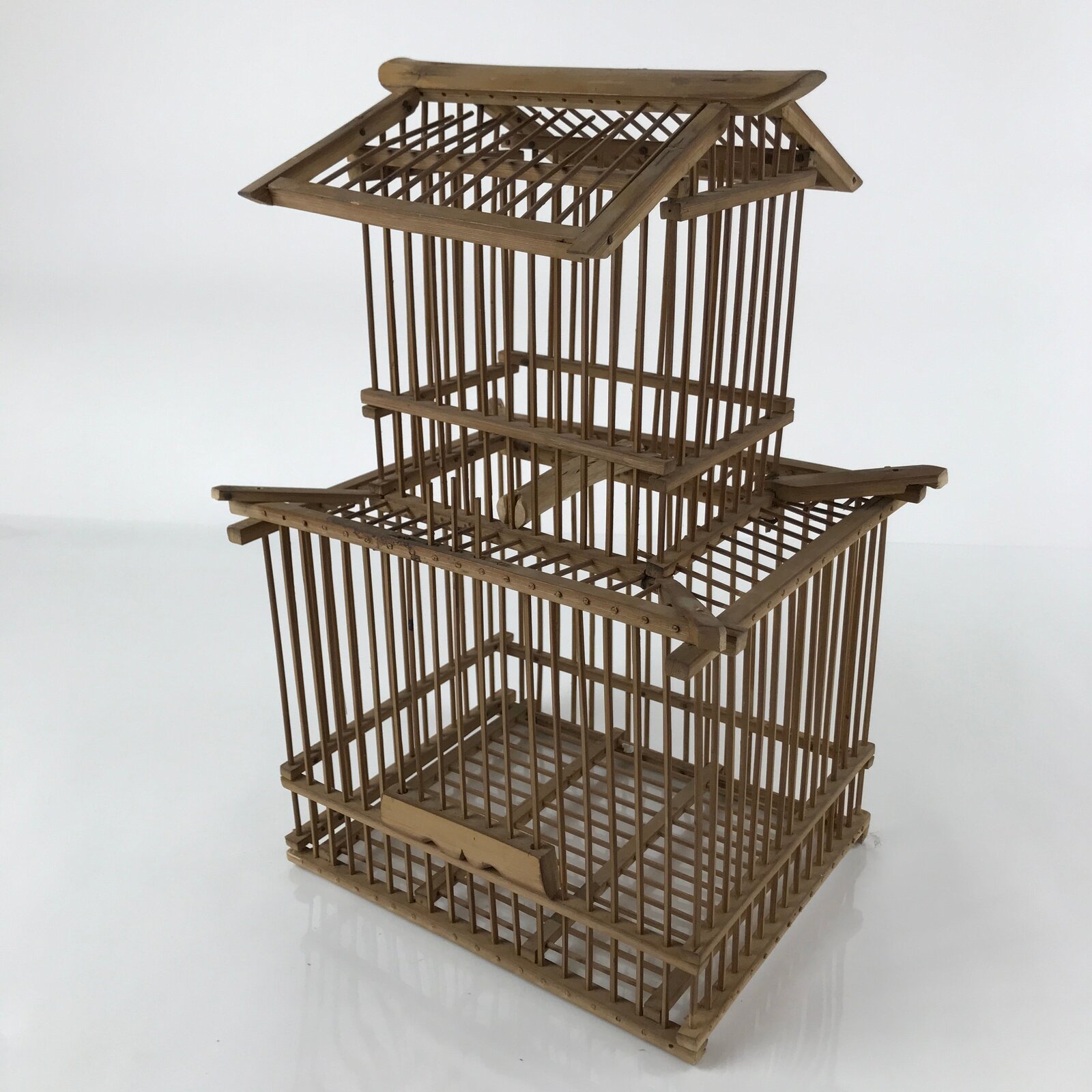 Japanese Handcrafted Bamboo Birdcage Torikago Vtg Two Tier Slide Door Brown B236