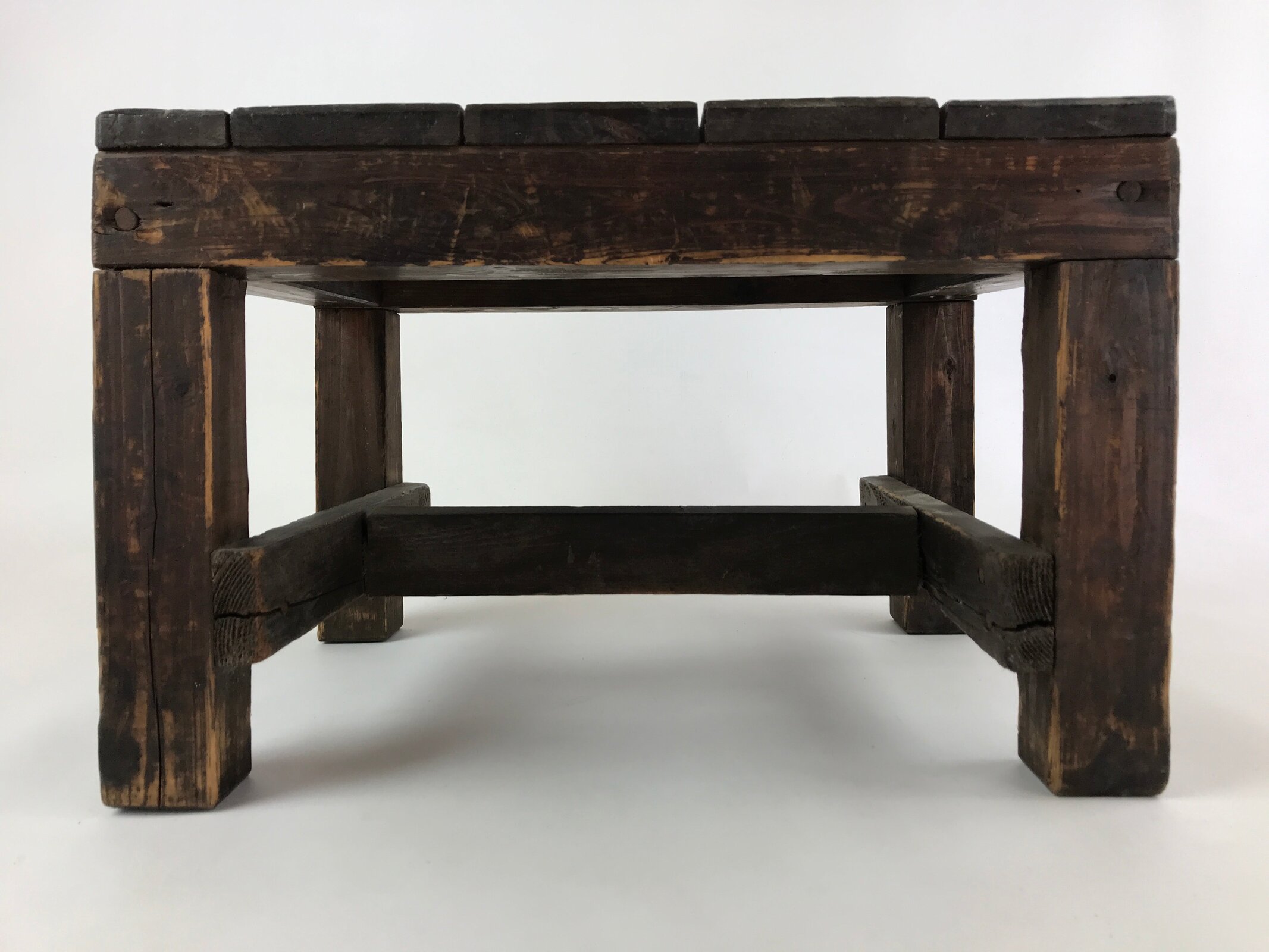Japanese Handcrafted Wooden Bench Vtg Stool Small Table Shelf Brown JK608