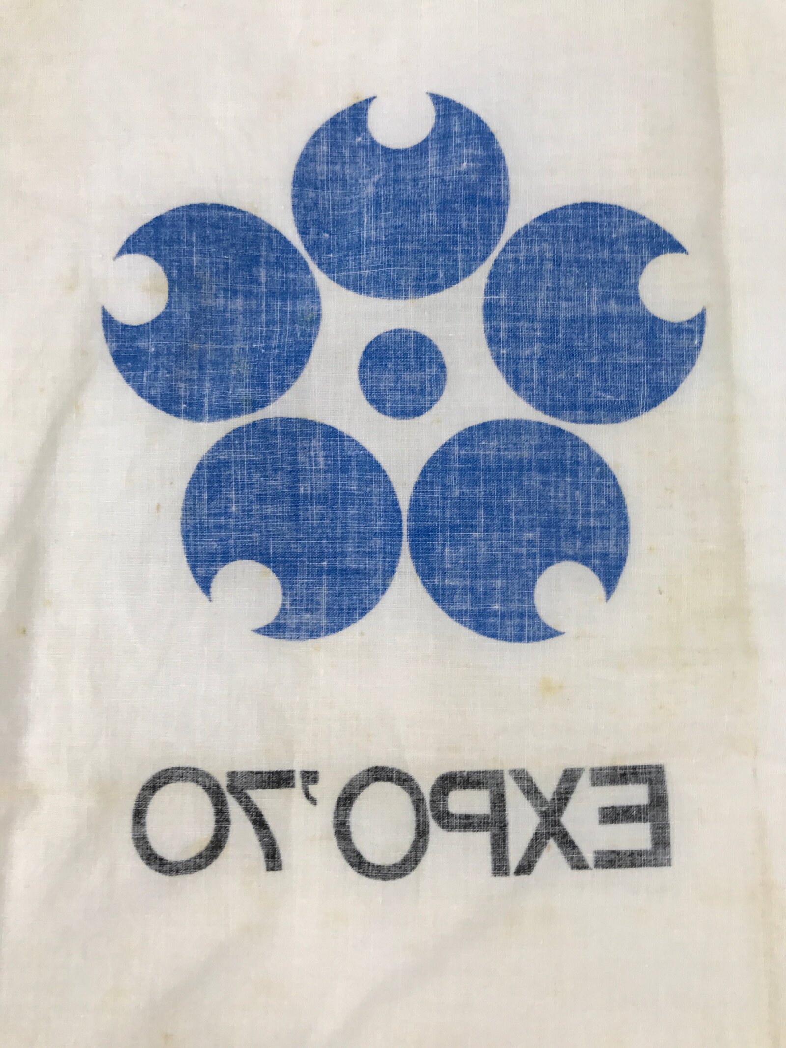 Japanese Handkerchief Vtg Bandana Fabric Expo 1970 Osaka White Blue JK815
