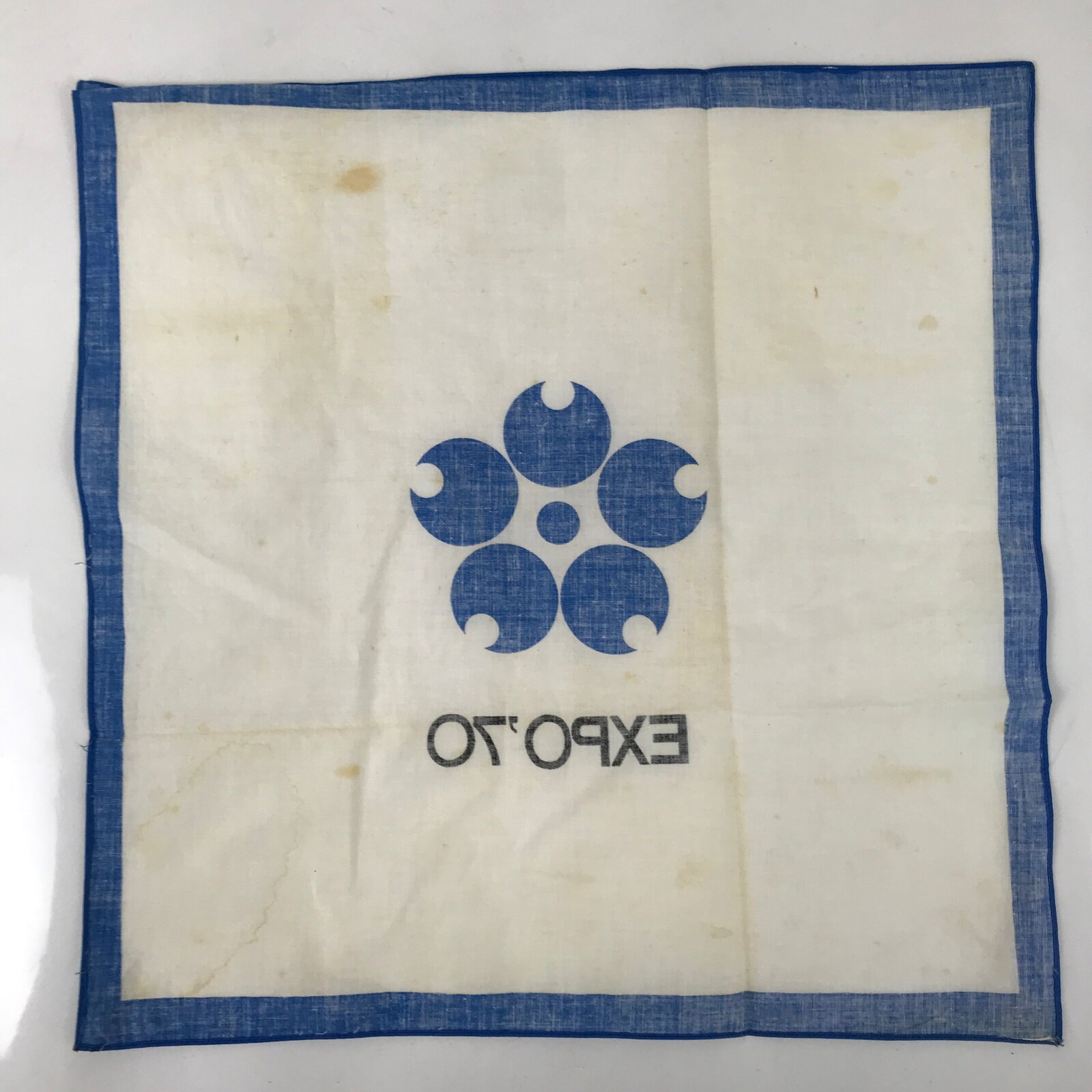 Japanese Handkerchief Vtg Bandana Fabric Expo 1970 Osaka White Blue JK815