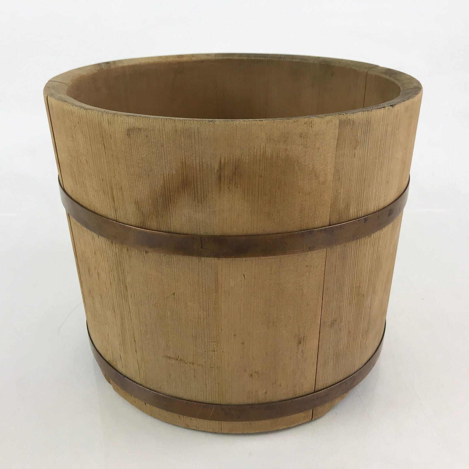 Japanese Handmade Wooden Oke Bucket Vtg Water Rice Storage Brown Copper BK18