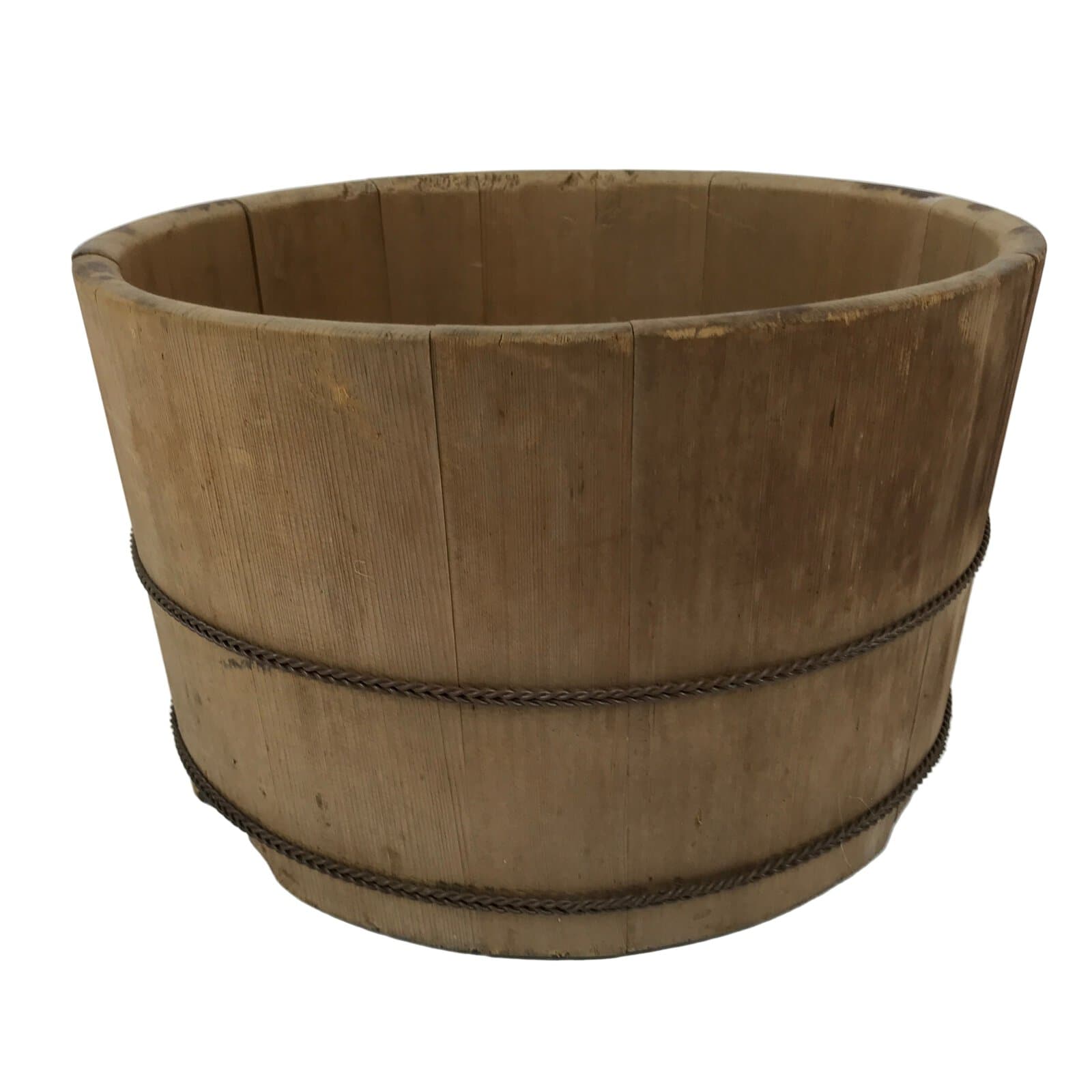 Japanese Handmade Wooden Oke Bucket Vtg Water Rice Storage Brown Twist Wire BK52