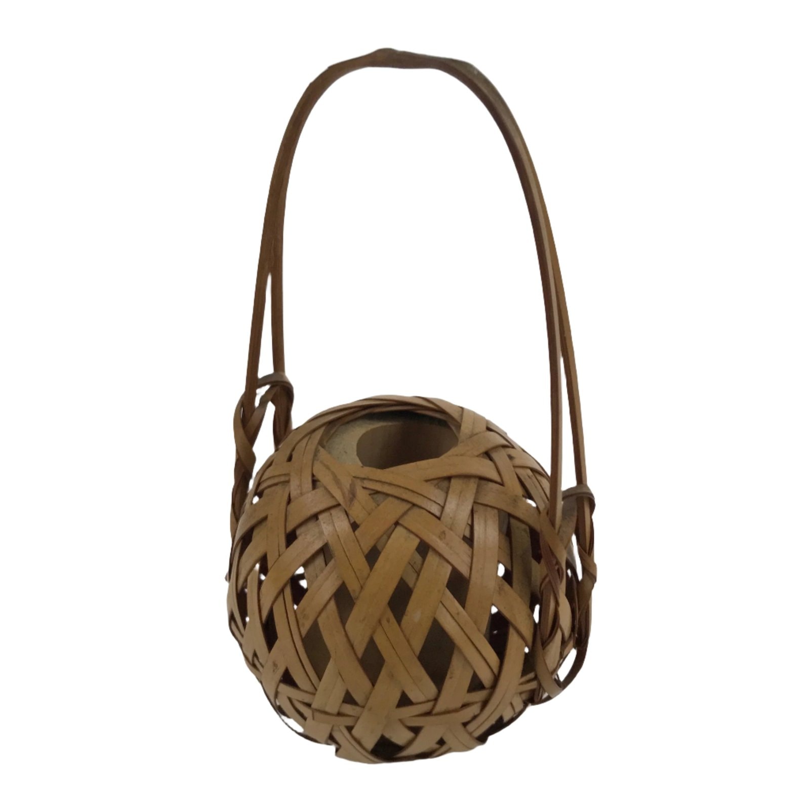 Japanese Handwoven Bamboo Basket Vase Vtg Small Kago Ikebana Arrangement B245