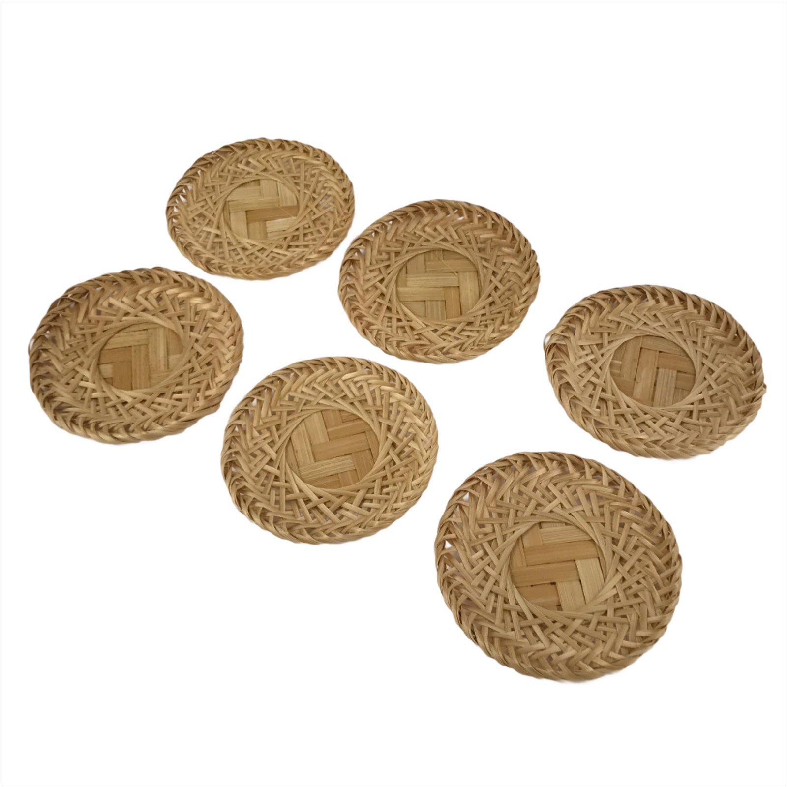 Japanese Handwoven Bamboo Drink Saucer Chataku Vtg Coaster 6pc Brown L129