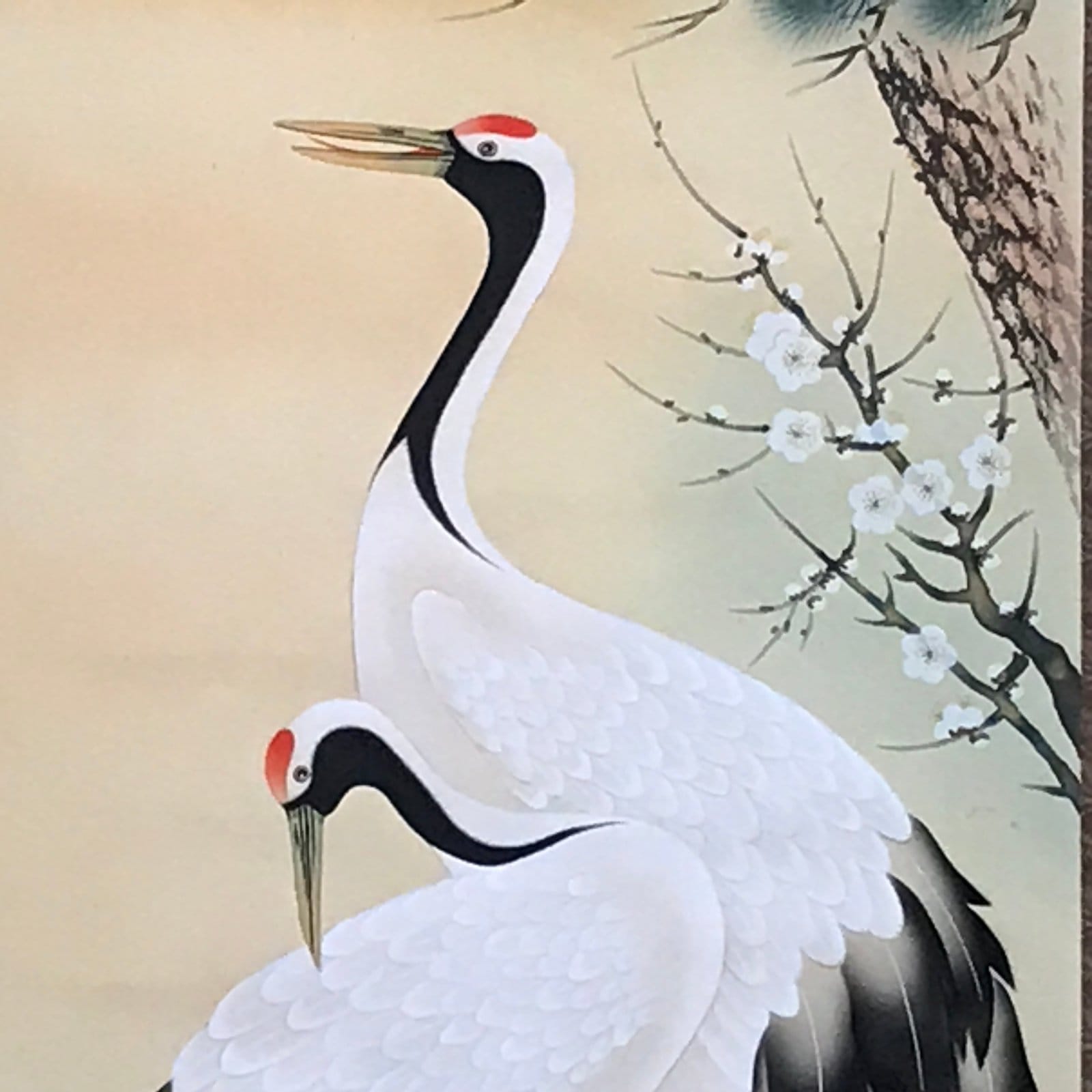Japanese Hanging Scroll Crane Sunrise Flower Picture Vtg Kakejiku Kakemono SC783