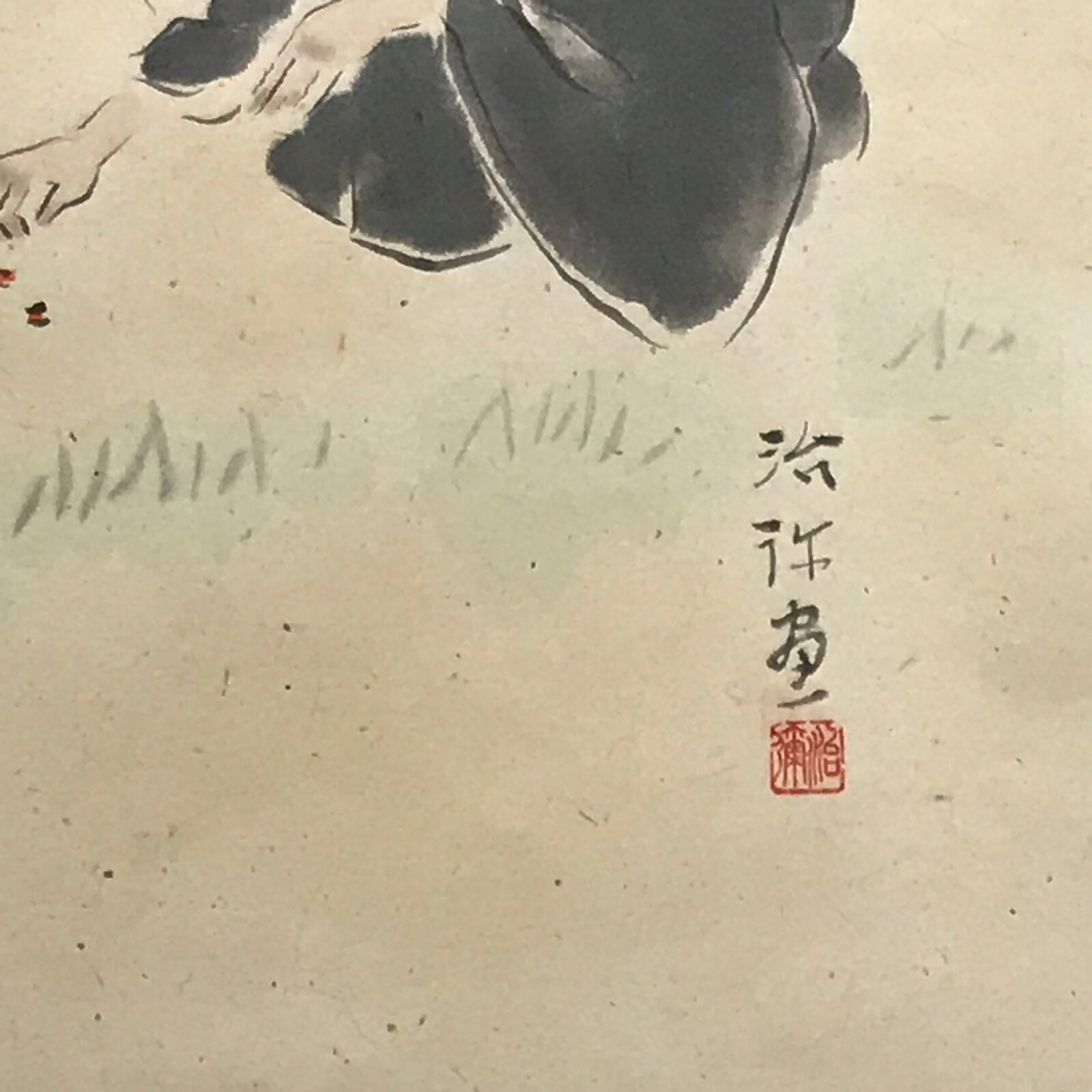 Japanese Hanging Scroll Elderly People Kids Playing Calligraphy Poem KJ15