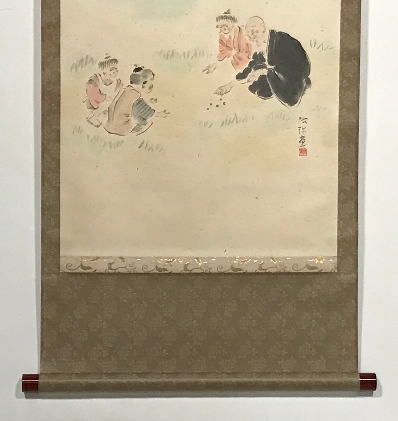 Japanese Hanging Scroll Elderly People Kids Playing Calligraphy Poem KJ15