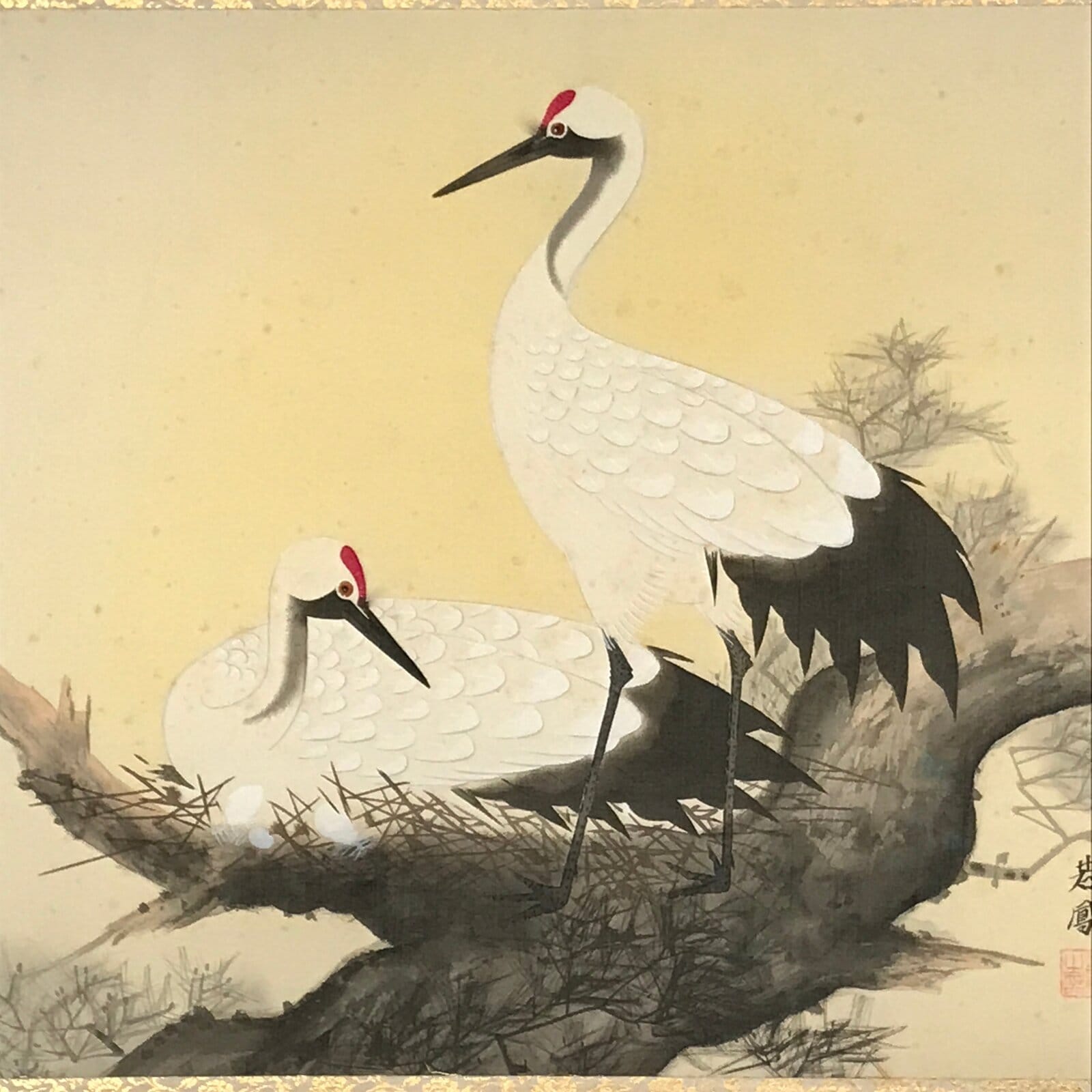 Japanese Hanging Scroll Kakejiku Vtg Bird Crane Tsuru Nest Tree Color KJ81