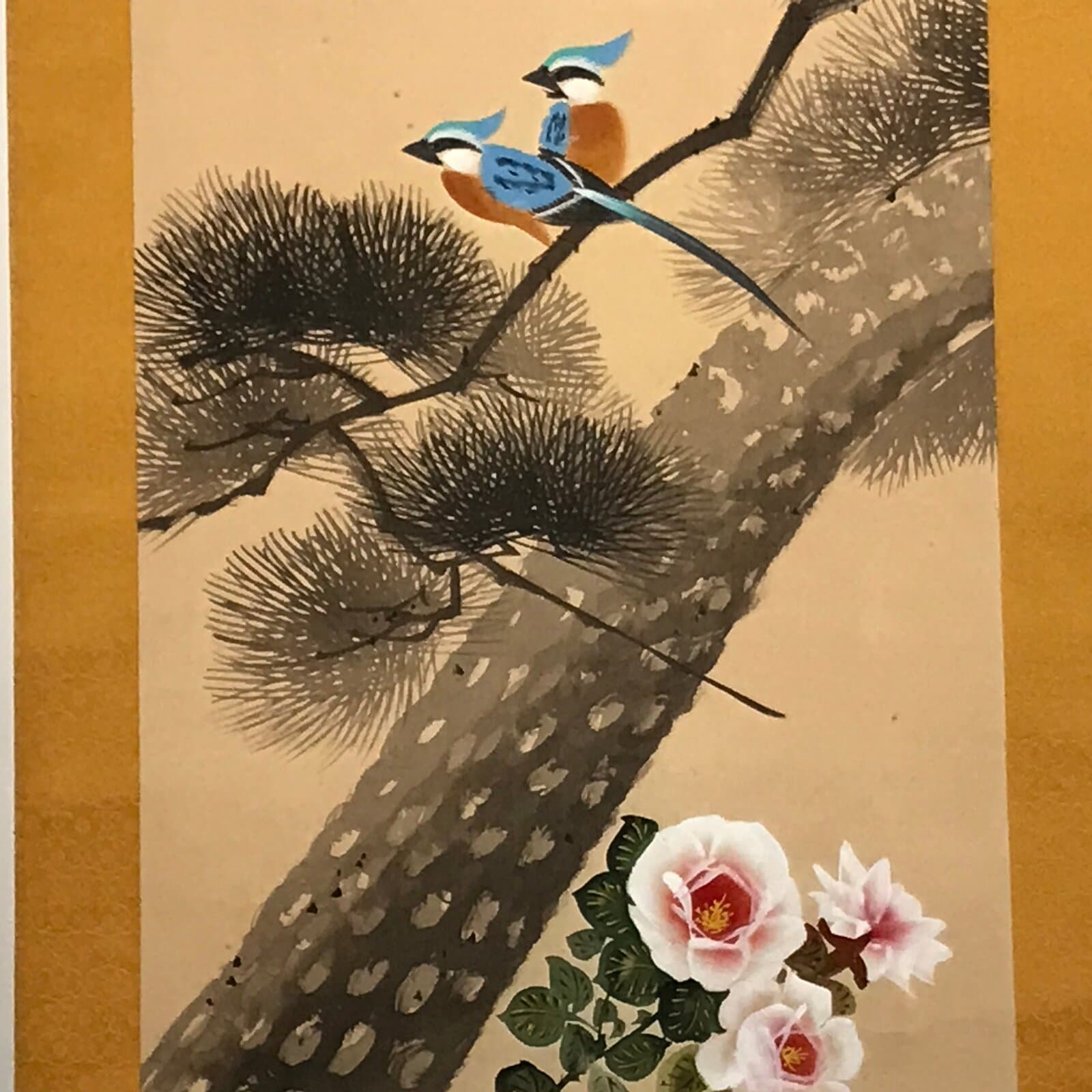 Japanese Hanging Scroll Kakejiku Vtg Blue Bird Pine Tree Camellia Flower KJ88