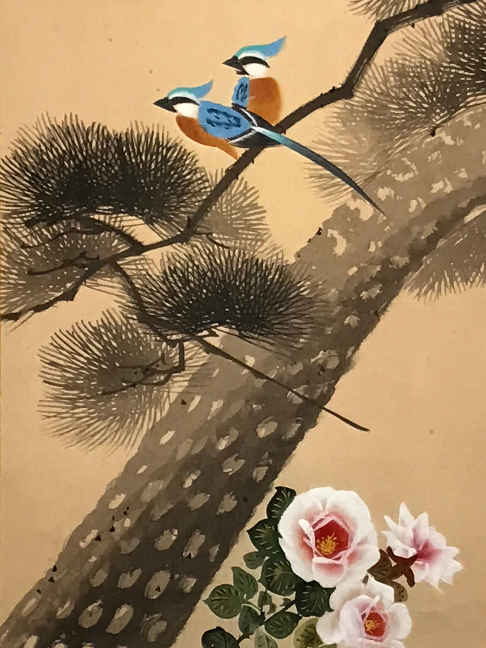 Japanese Hanging Scroll Kakejiku Vtg Blue Bird Pine Tree Camellia Flower KJ88