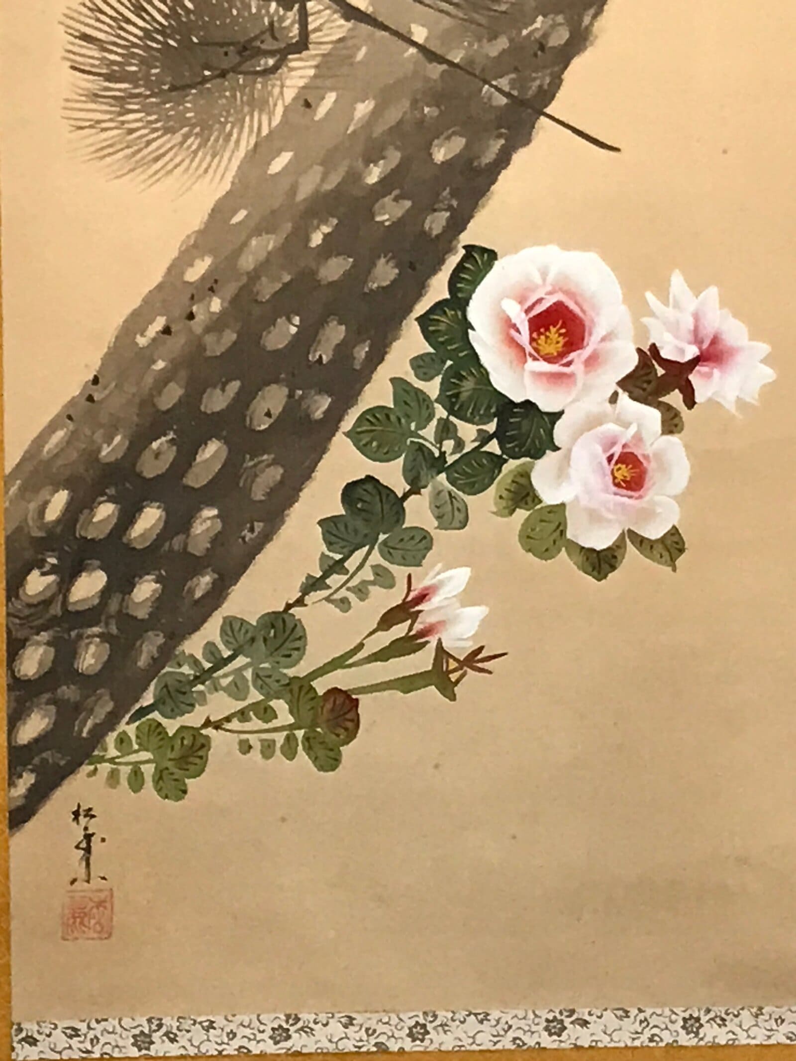 Japanese Hanging Scroll Kakejiku Vtg Blue Bird Pine Tree Camellia Flower KJ88