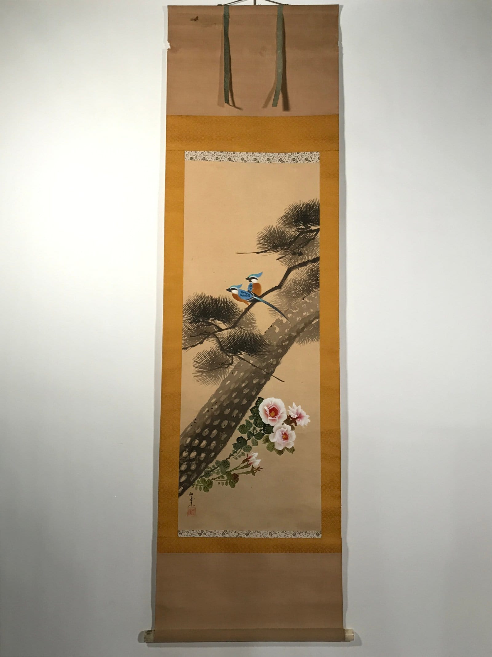 Japanese Hanging Scroll Kakejiku Vtg Blue Bird Pine Tree Camellia Flower KJ88