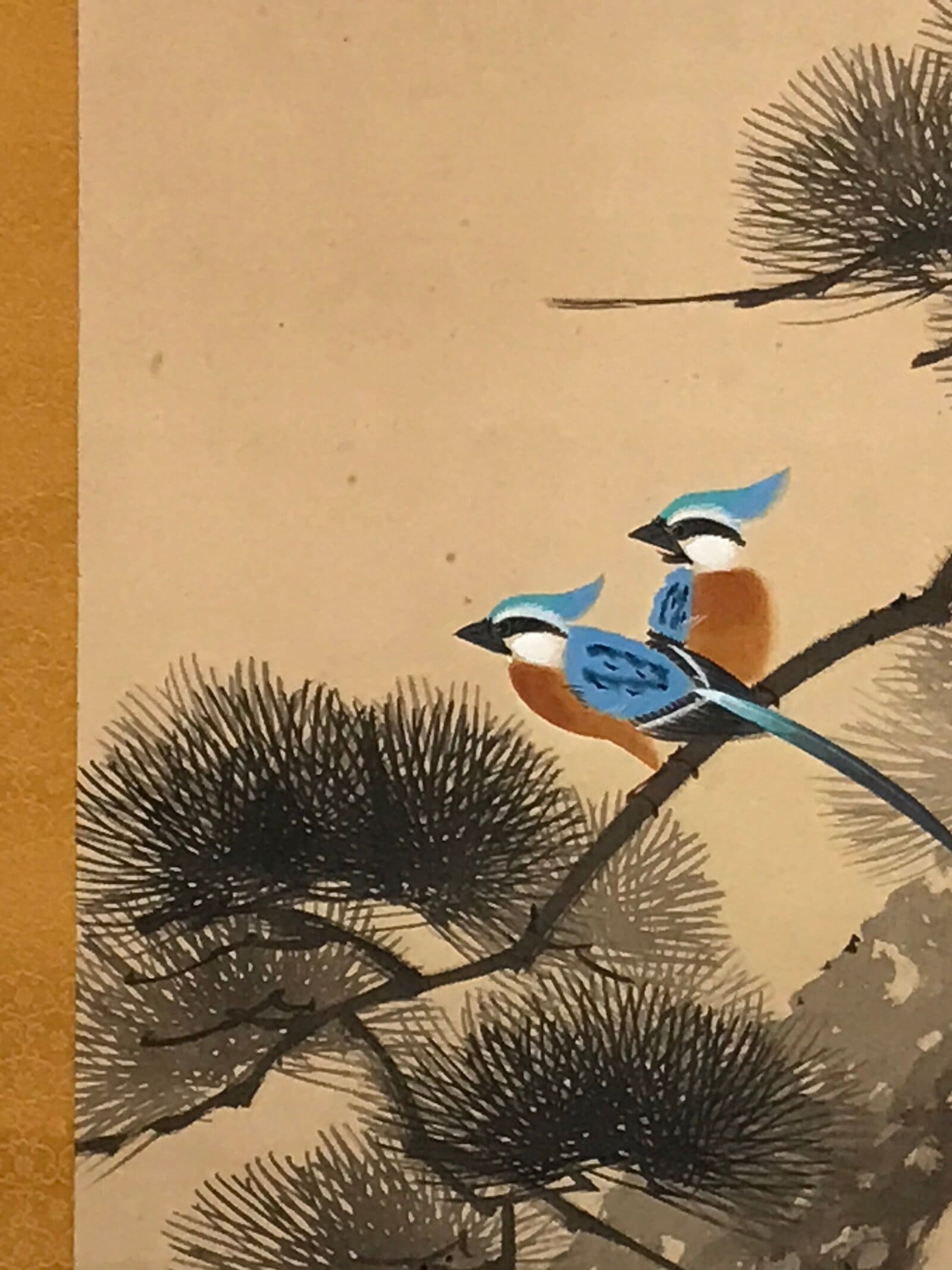 Japanese Hanging Scroll Kakejiku Vtg Blue Bird Pine Tree Camellia Flower KJ88