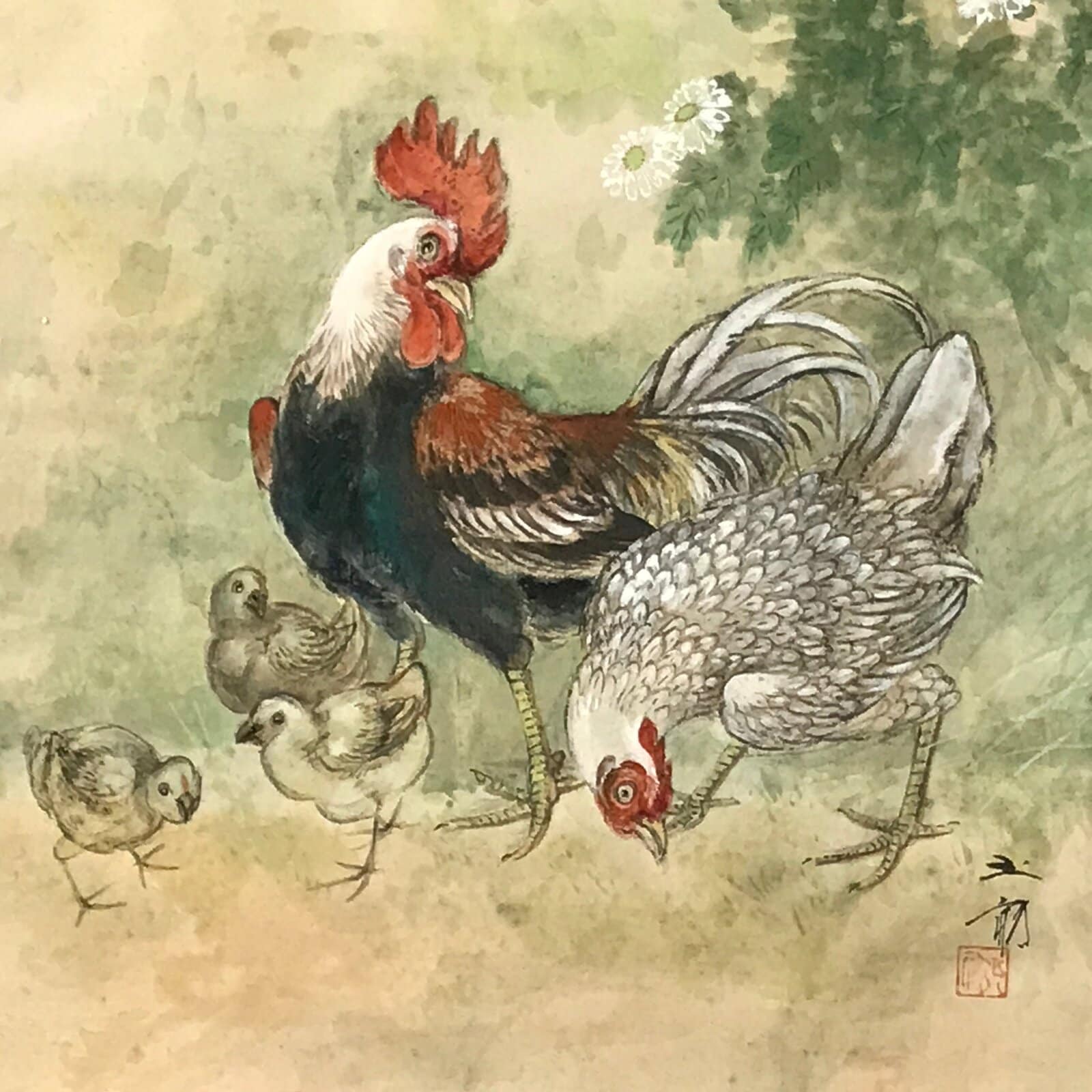 Japanese Hanging Scroll Kakejiku Vtg Chicken Family Chrysanthemum Color KJ93