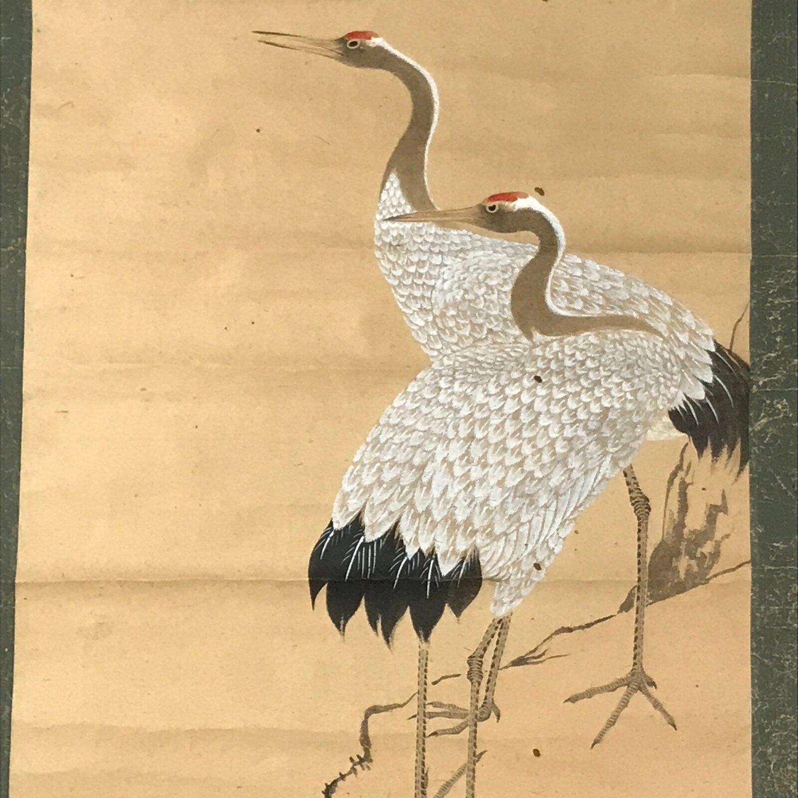 Japanese Hanging Scroll Kakejiku Vtg Crane Tsuru Standing Rock Birds Color KJ113