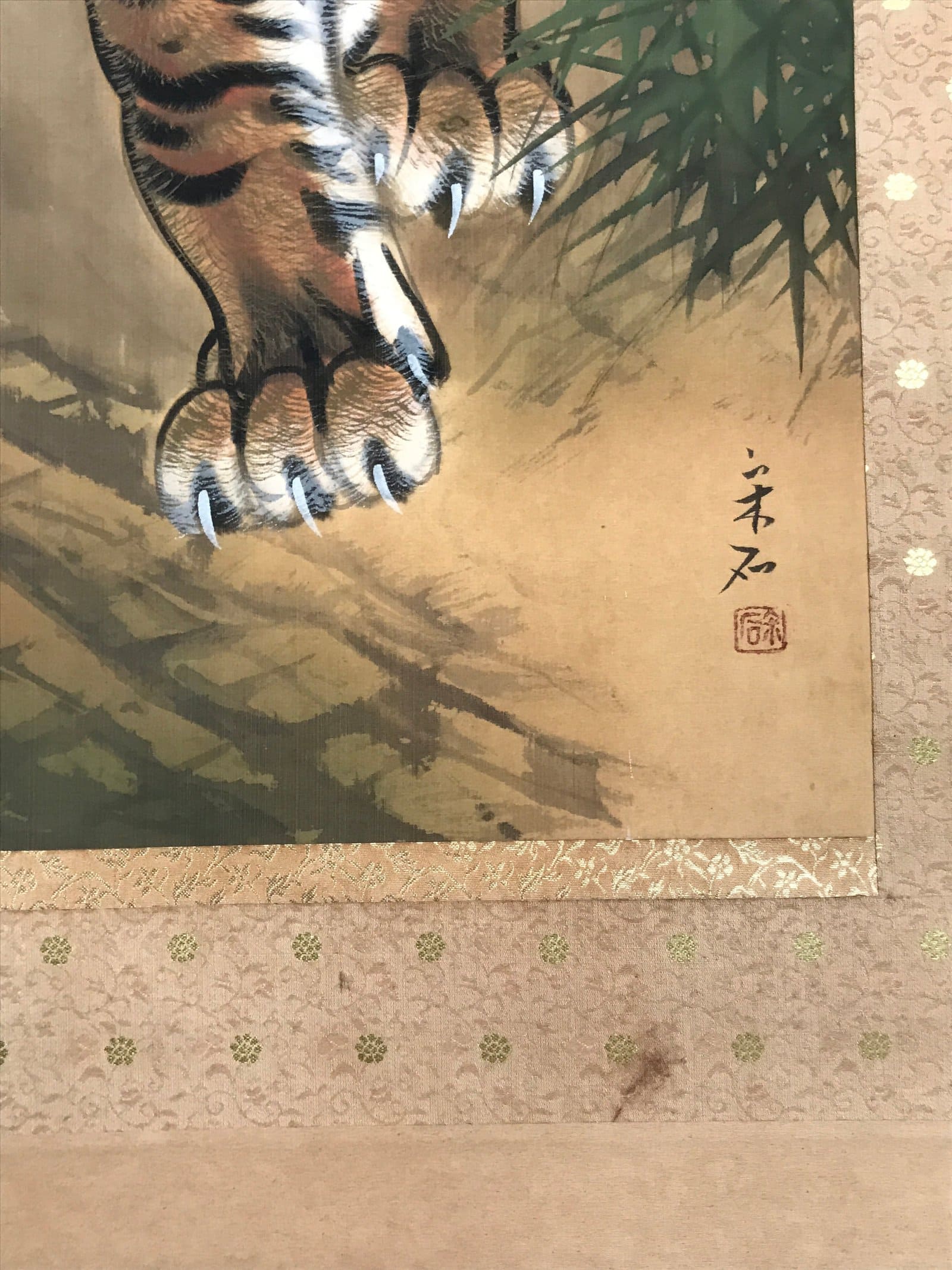 Japanese Hanging Scroll Kakejiku Vtg Fierce Tiger Orange Black Mountain Ink KJ90