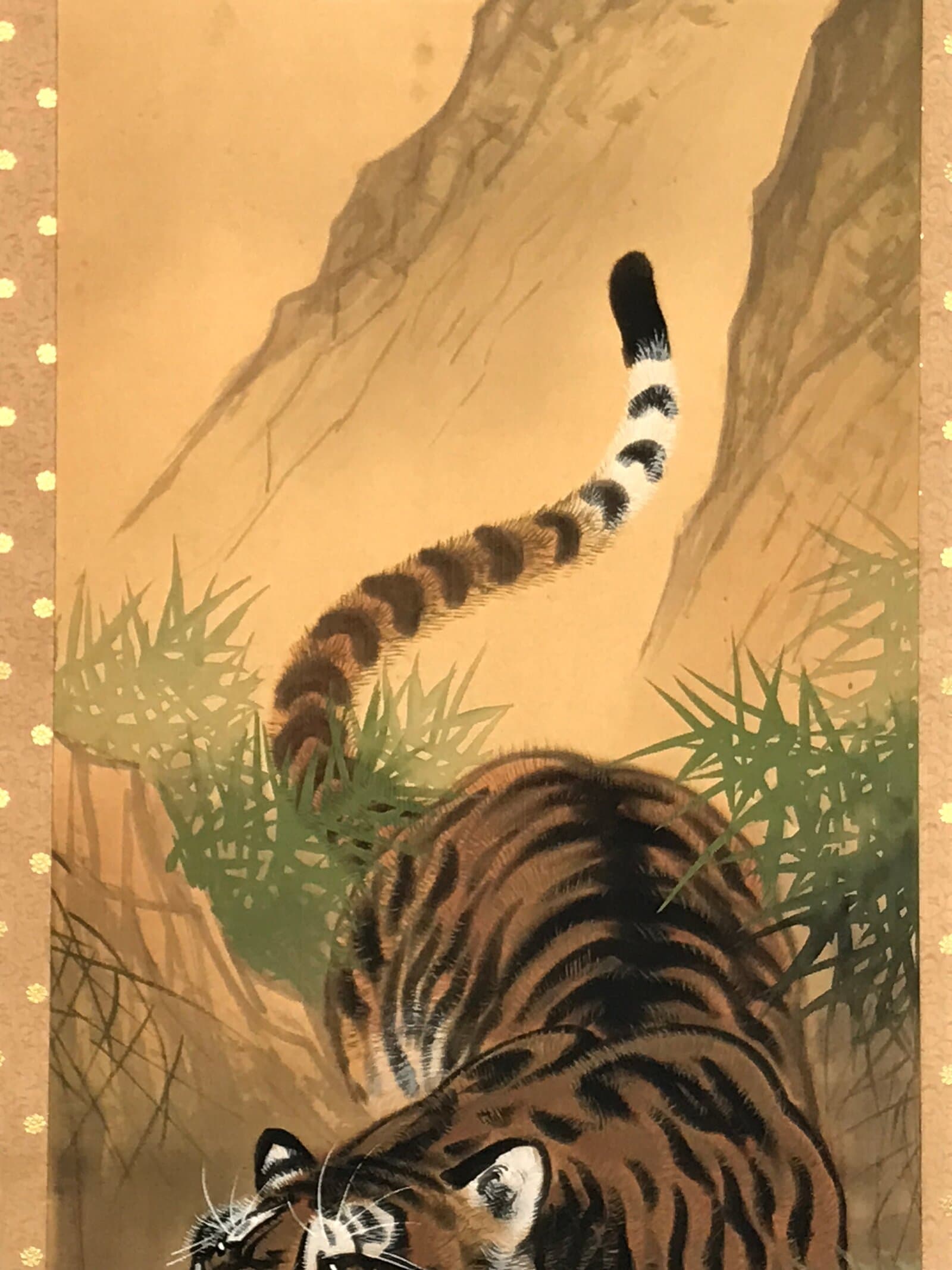 Japanese Hanging Scroll Kakejiku Vtg Fierce Tiger Orange Black Mountain Ink KJ90