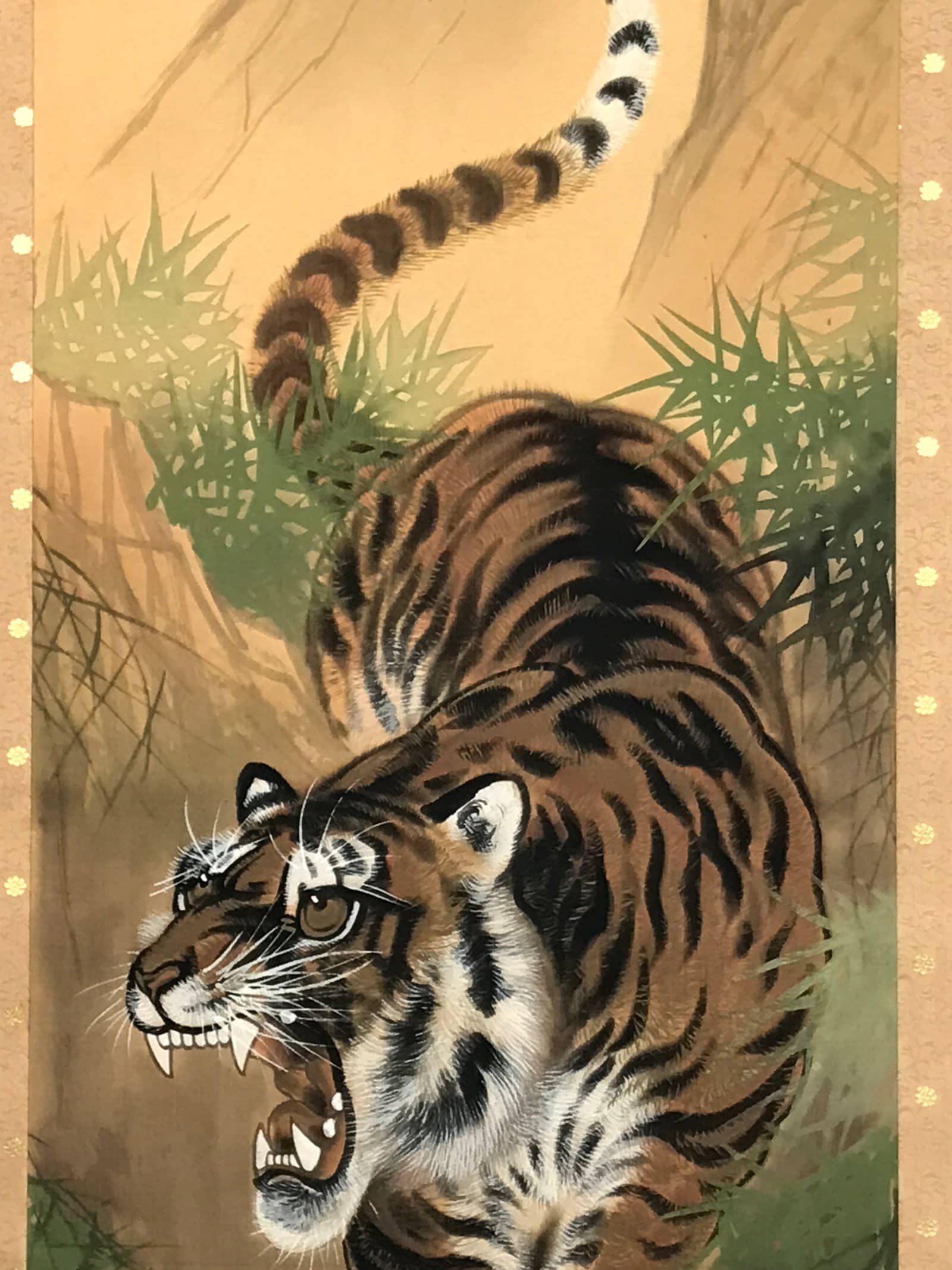 Japanese Hanging Scroll Kakejiku Vtg Fierce Tiger Orange Black Mountain Ink KJ90