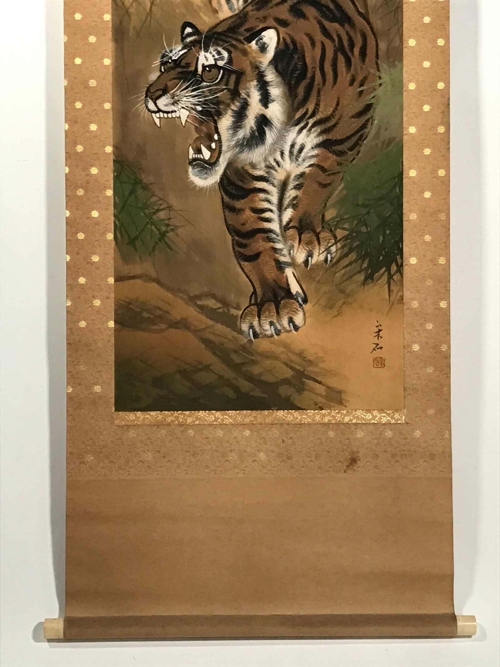 Japanese Hanging Scroll Kakejiku Vtg Fierce Tiger Orange Black Mountain Ink KJ90