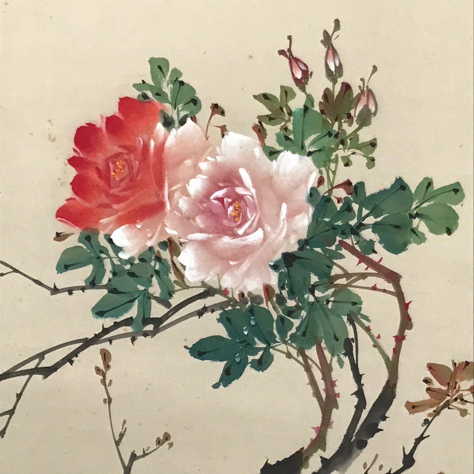 Japanese Hanging Scroll Kakejiku Vtg Maikai Rose Flowers Pink Red Poem Ink KJ92