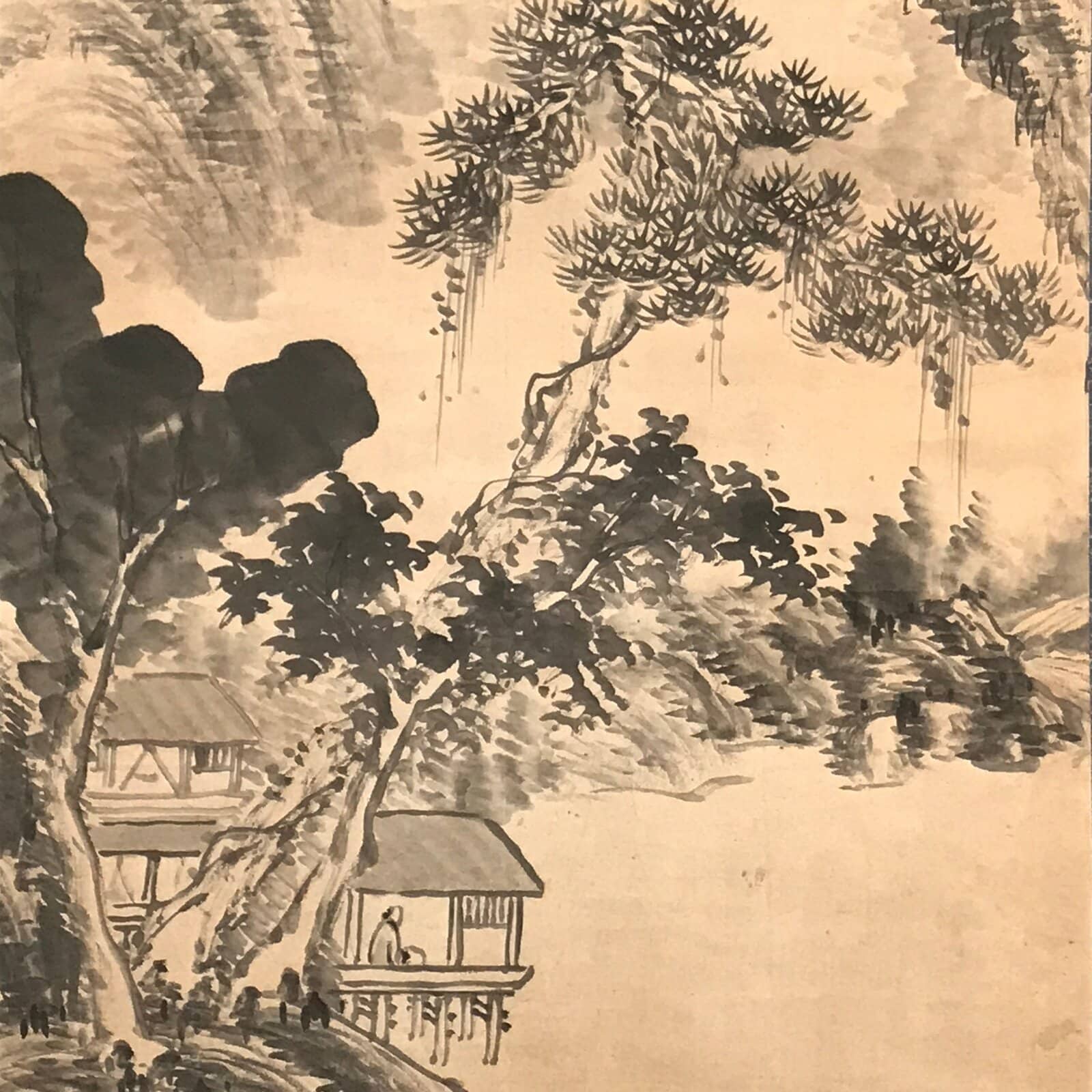 Japanese Hanging Scroll Kakejiku Vtg Man Sitting Mountains Landscape Black KJ193