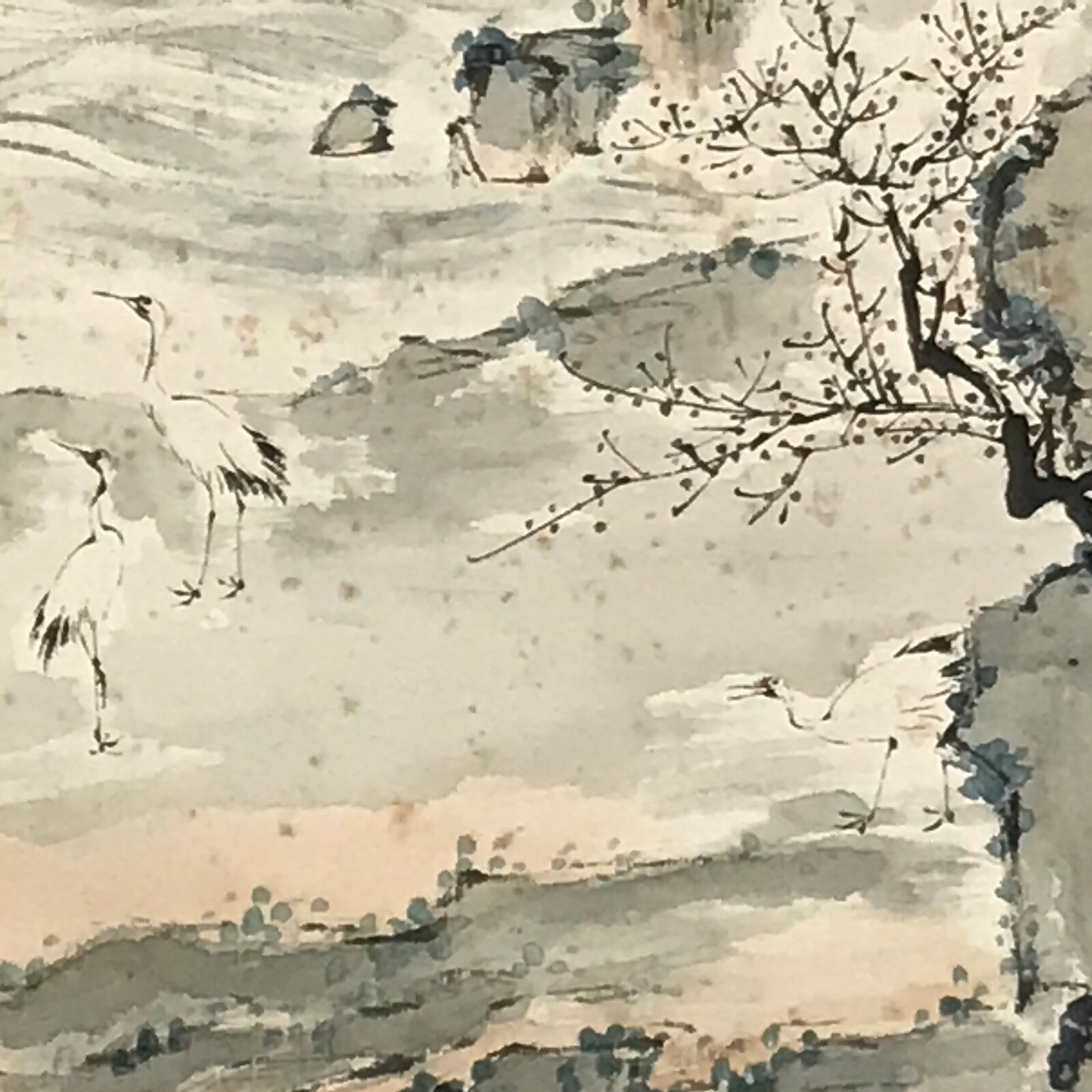 Japanese Hanging Scroll Kakejiku Vtg Mountain Tree Houses Cranes Color KJ128