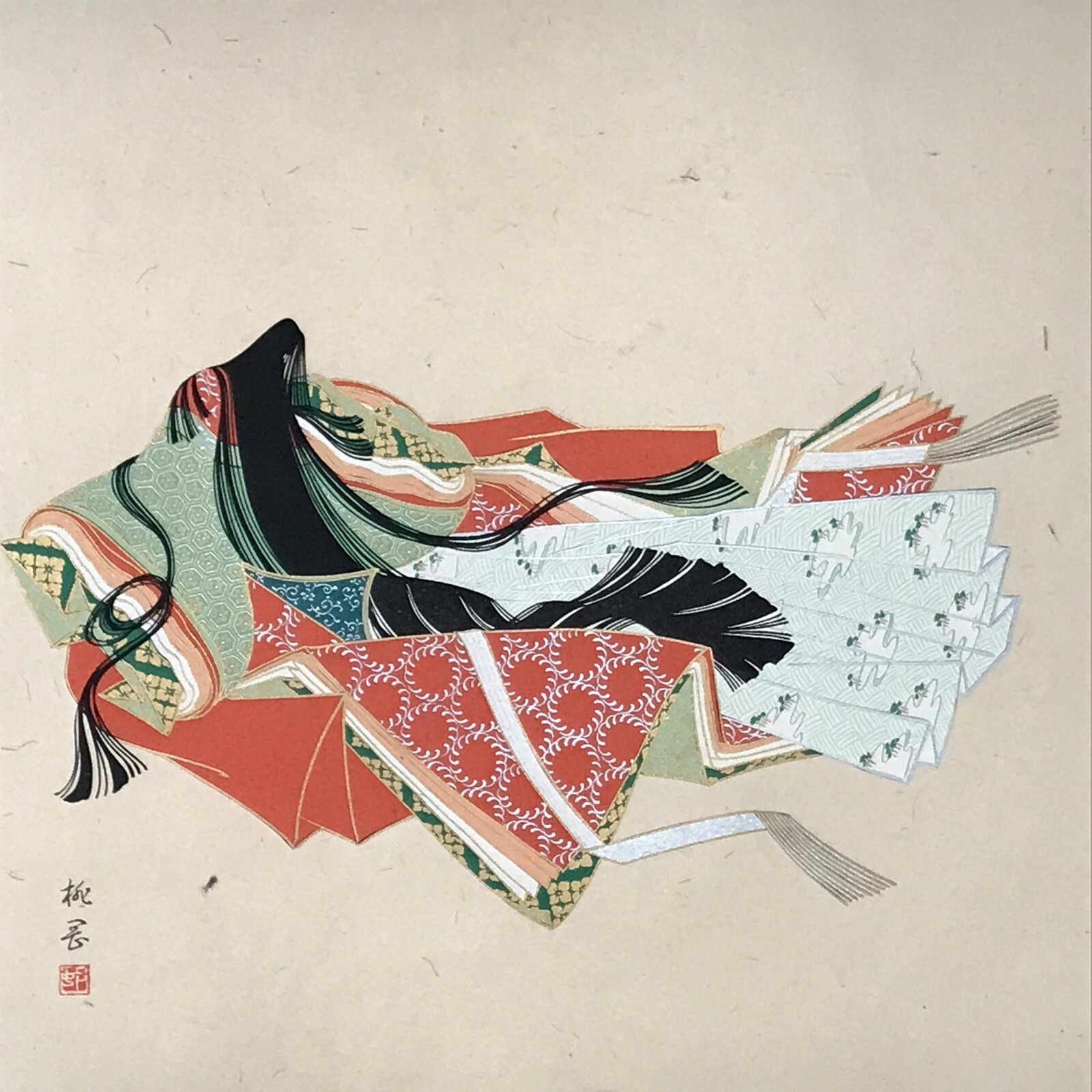 Japanese Hanging Scroll Kakejiku Vtg Ono No Komachi Kimono Poem Color Ink KJ100