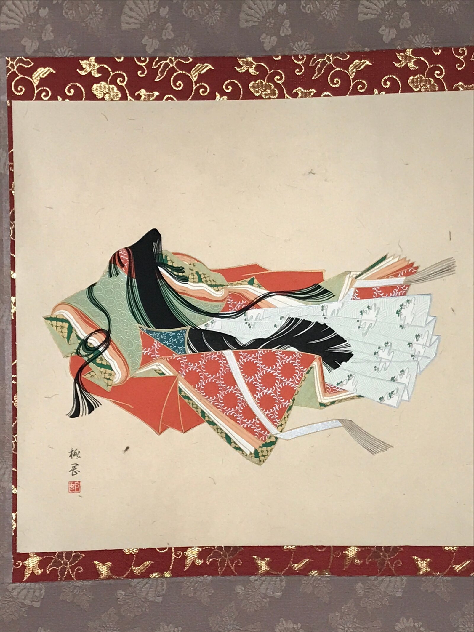 Japanese Hanging Scroll Kakejiku Vtg Ono No Komachi Kimono Poem Color Ink KJ100