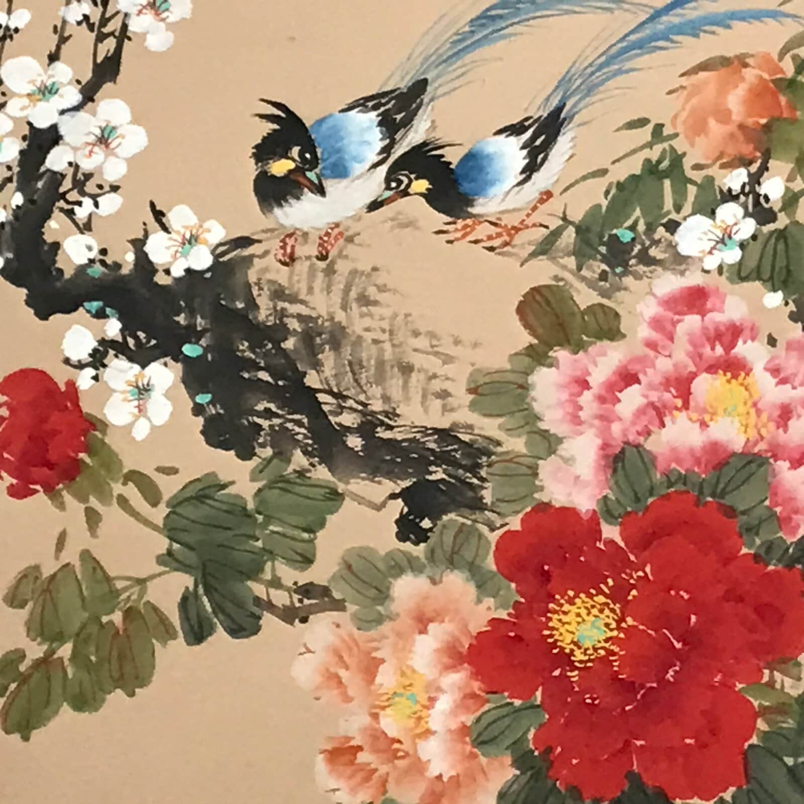 Japanese Hanging Scroll Kakejiku Vtg Plum Peony Flowers Bird Kacho Color KJ78