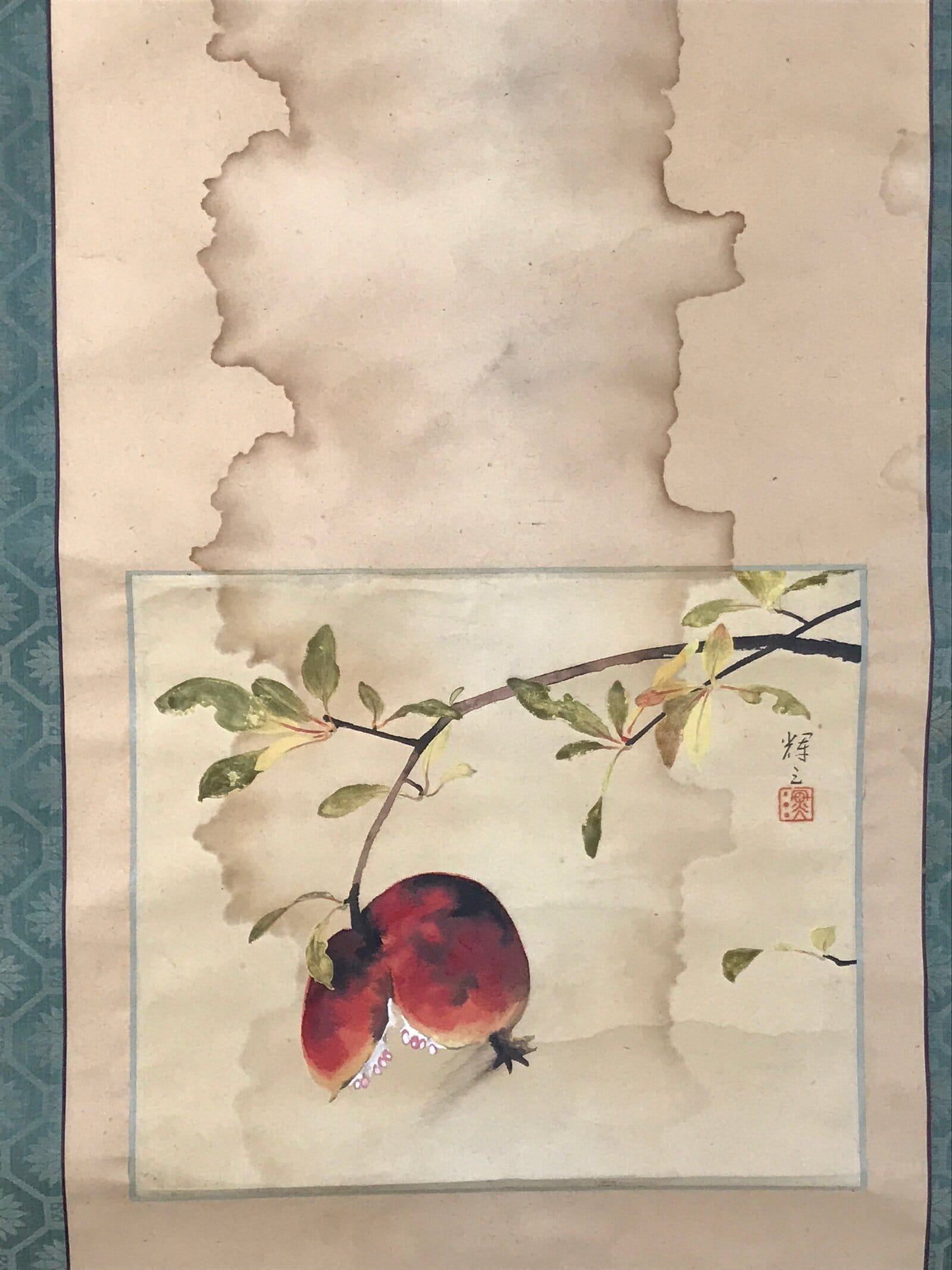 Japanese Hanging Scroll Kakejiku Vtg Pomegranate Ripe Fruit Color Ink Red KJ95