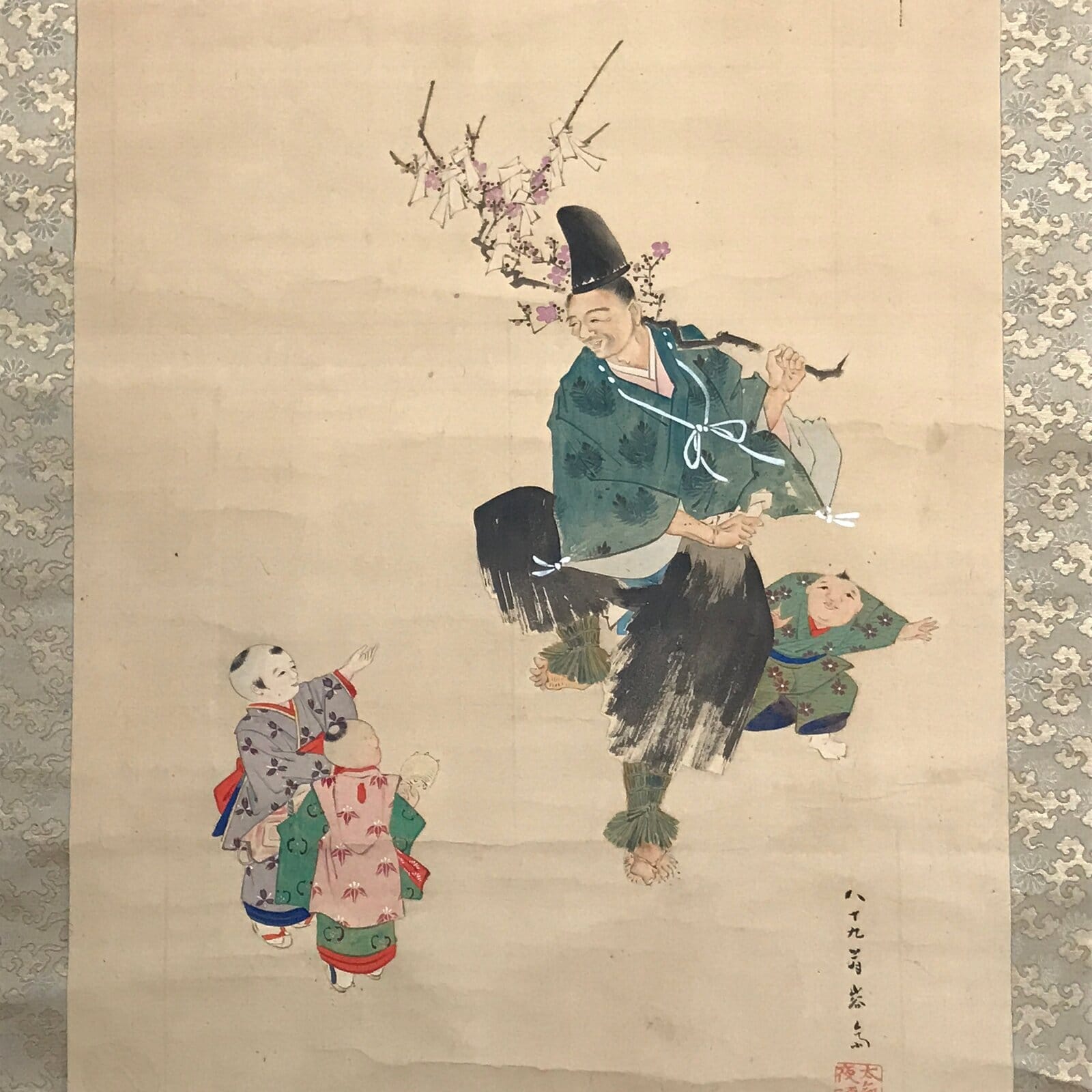 Japanese Hanging Scroll Kakejiku Vtg Portrait Man Dancing Children Color KJ169