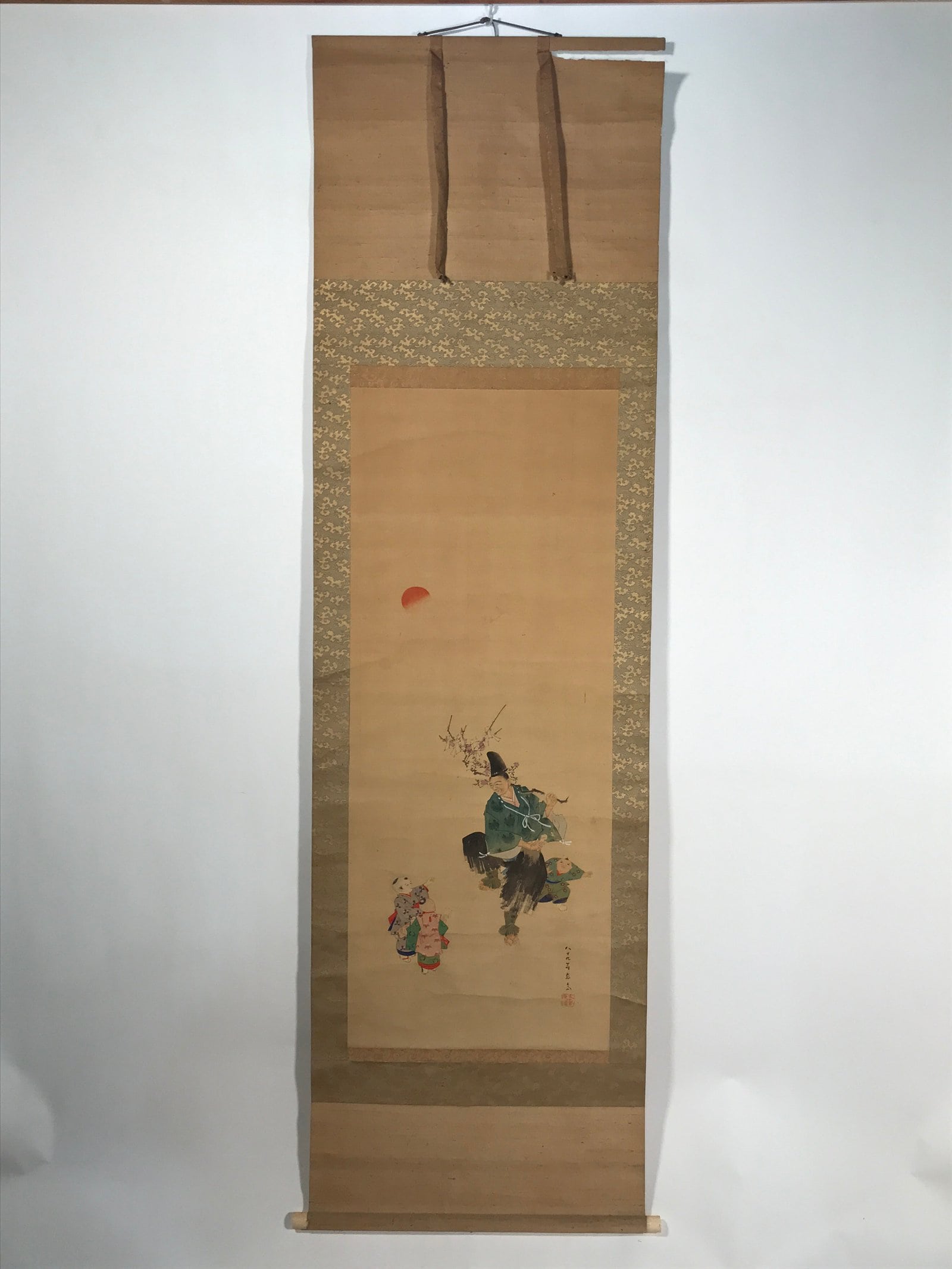 Japanese Hanging Scroll Kakejiku Vtg Portrait Man Dancing Children Color KJ169