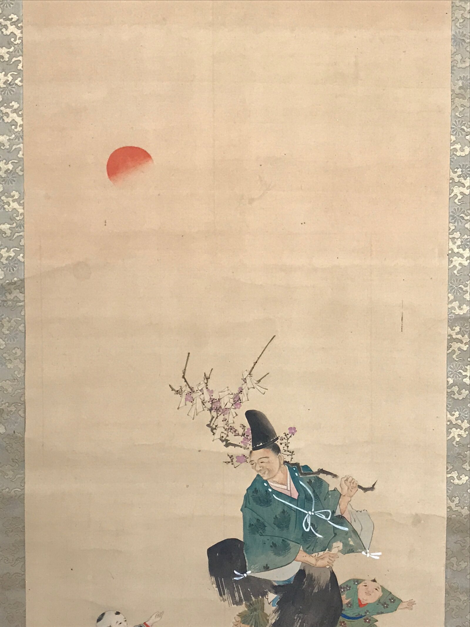 Japanese Hanging Scroll Kakejiku Vtg Portrait Man Dancing Children Color KJ169