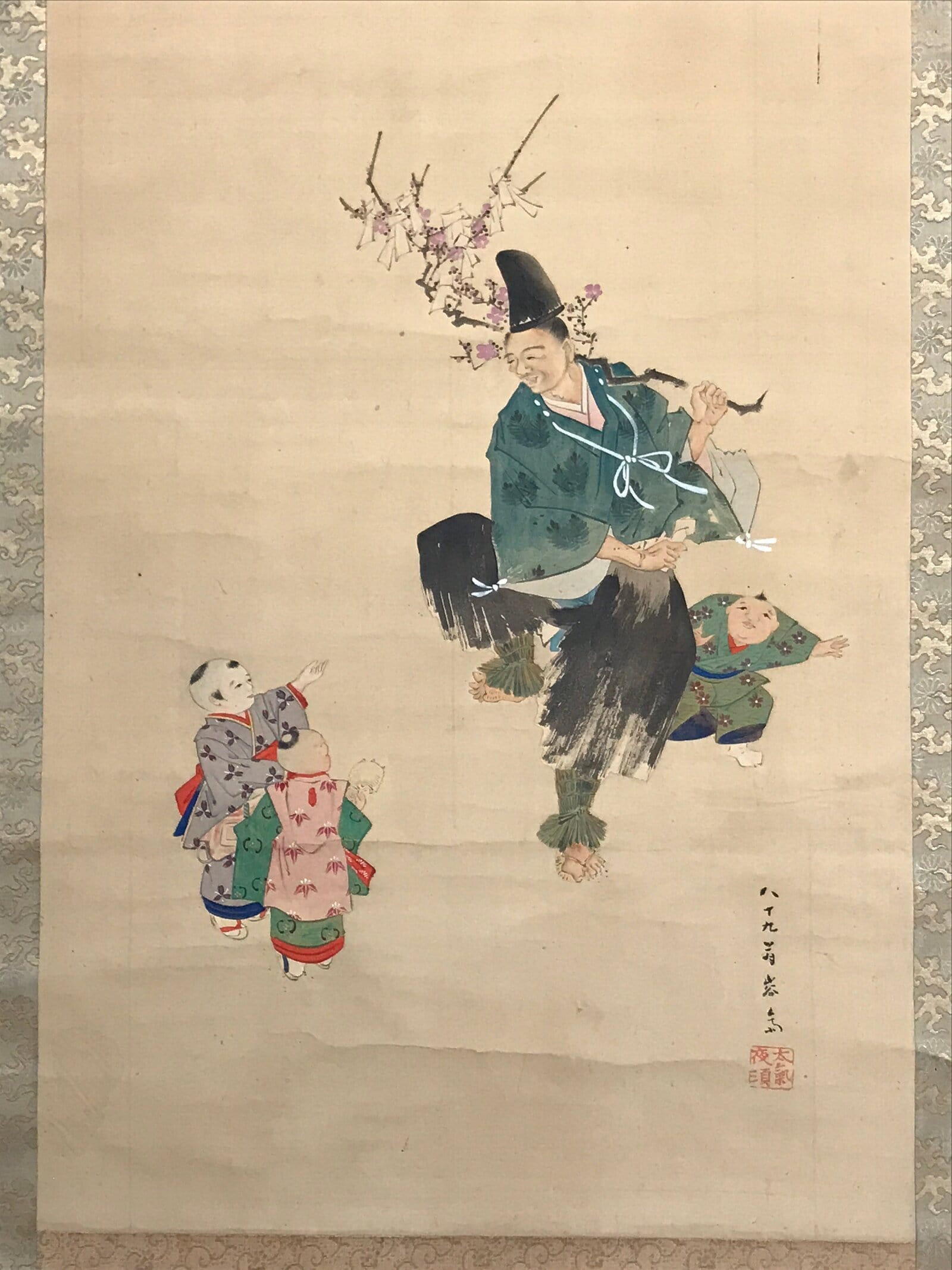 Japanese Hanging Scroll Kakejiku Vtg Portrait Man Dancing Children Color KJ169