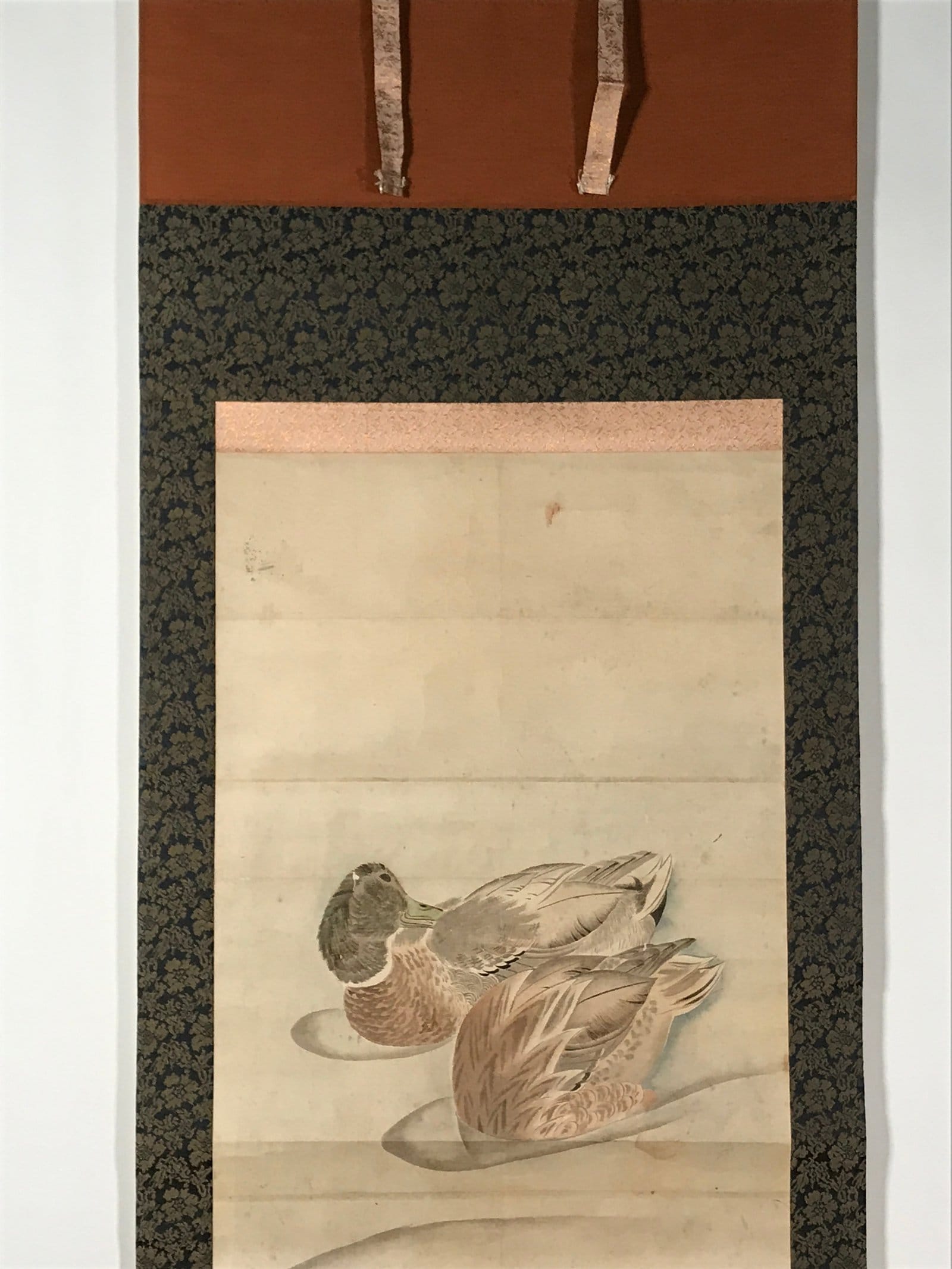 Japanese Hanging Scroll Kakejiku Vtg River Ducks Birds Nature Color KJ123