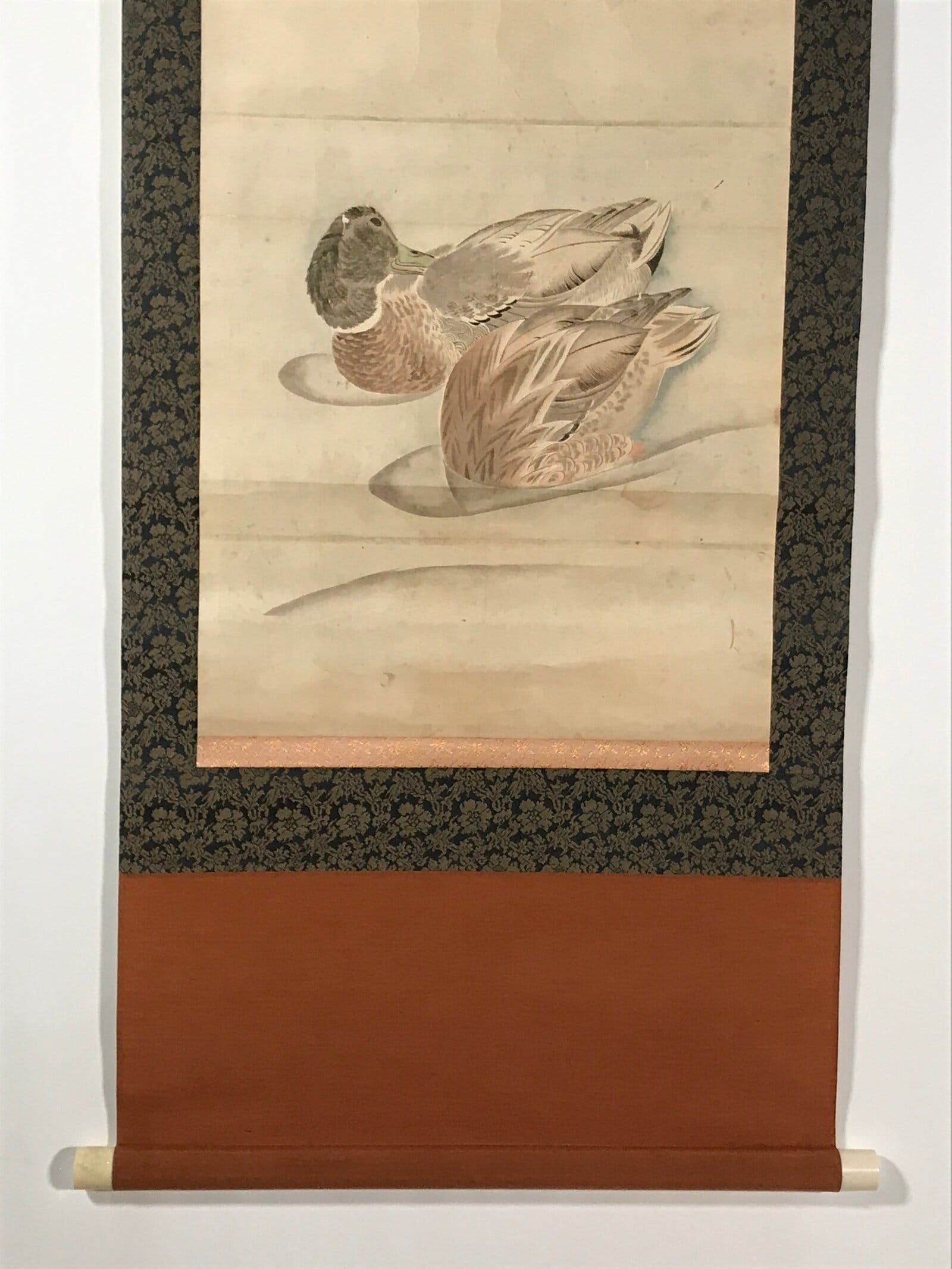 Japanese Hanging Scroll Kakejiku Vtg River Ducks Birds Nature Color KJ123